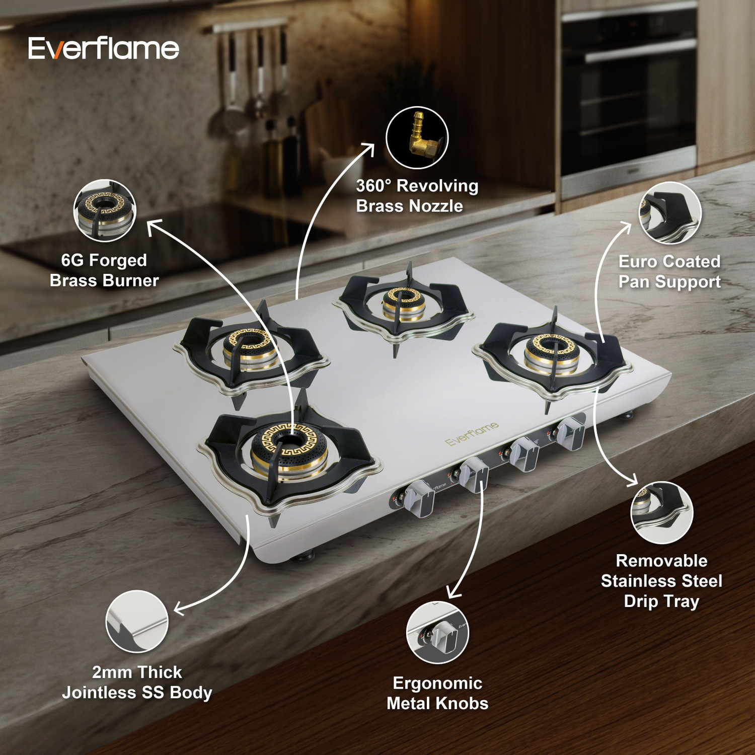 Image of Everflame Marvel 4 Burner Gas Stove | 6G Forged Brass Burner | AI Slim Body Durable Stainless Steel Manual Gas Stove