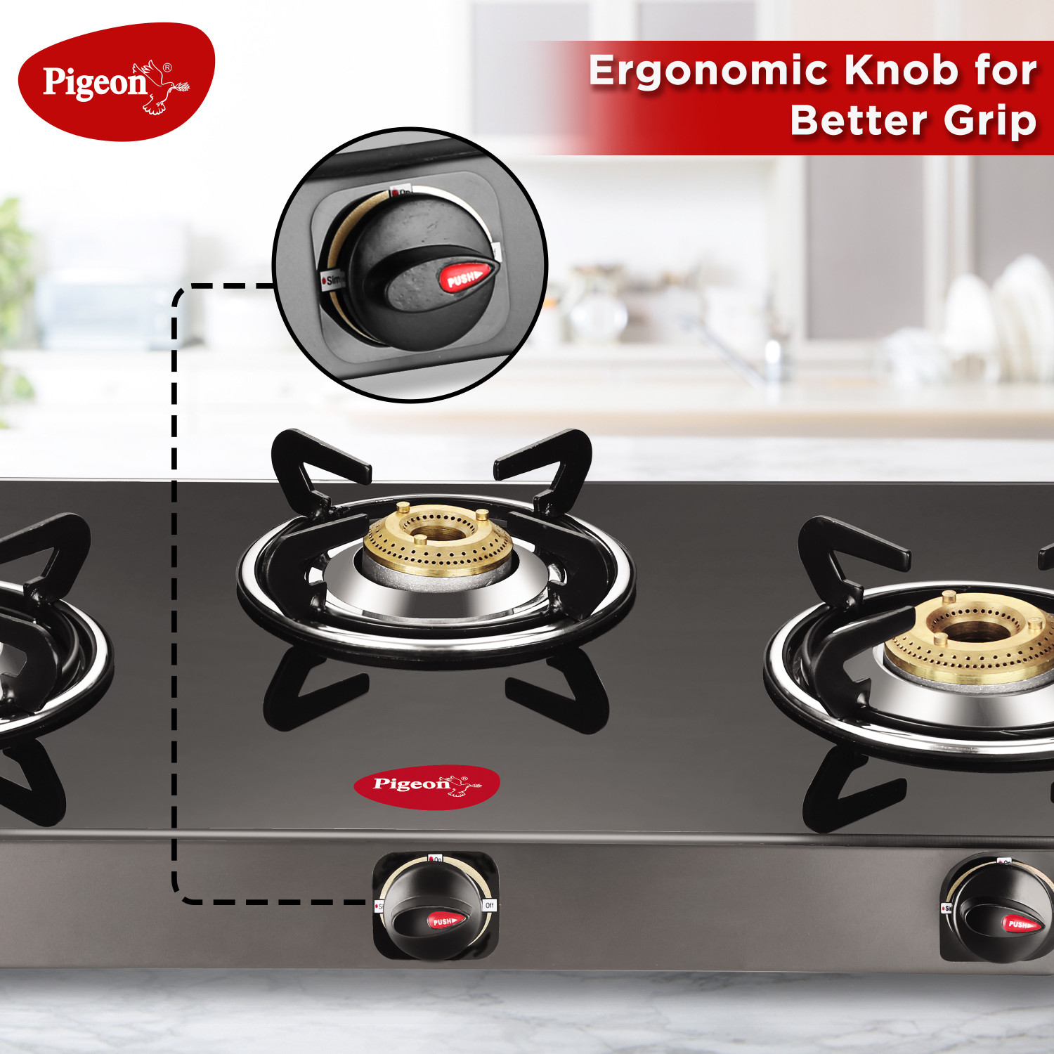 Image of Pigeon 3 Burner Glass Cooktop Automatic with hose pipe Stainless Steel, Glass Automatic Gas Stove