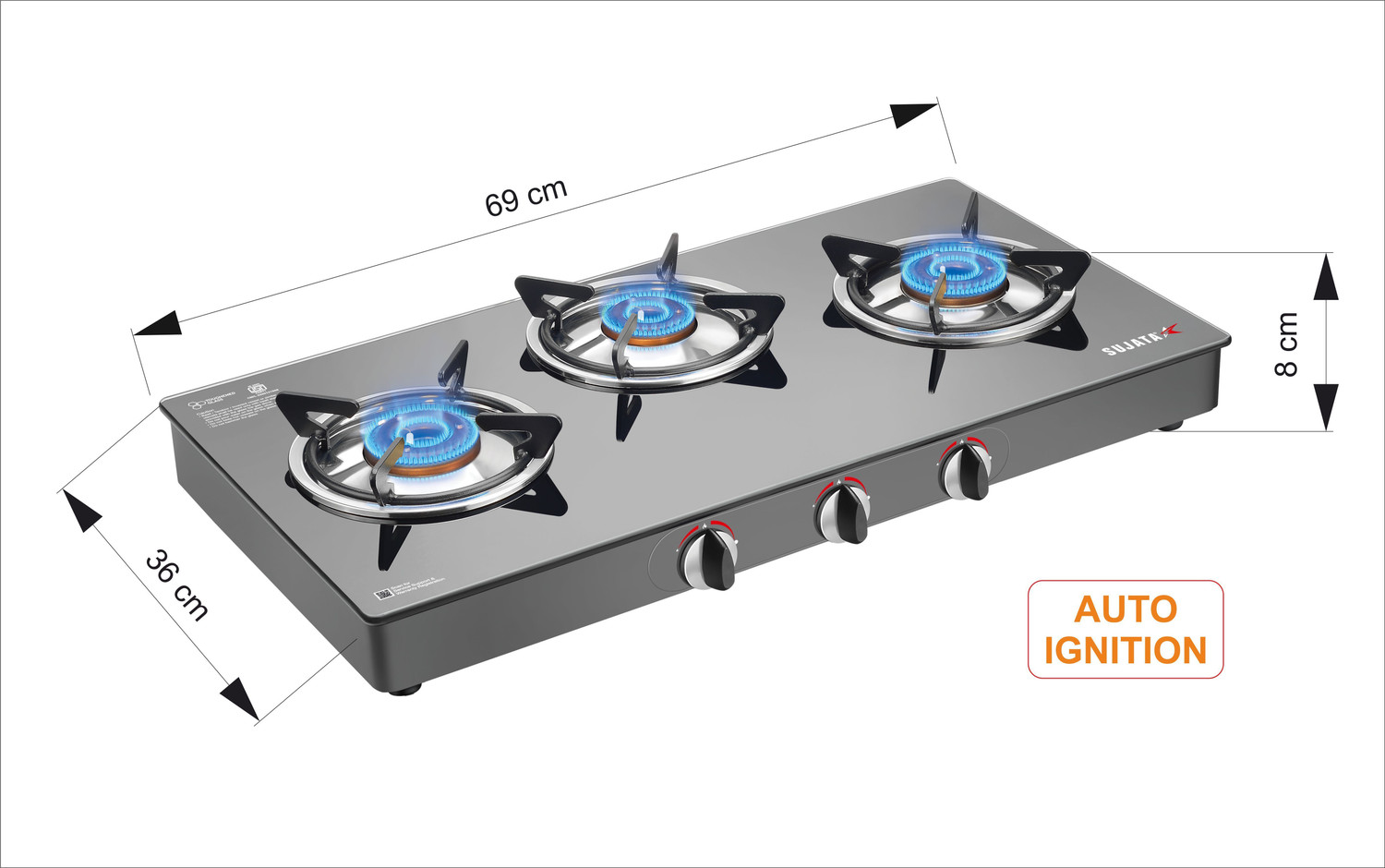 Image of SUJATA Gas Stove 3Burner | Gas Chulha for Kitchen | ISI Certified | Standard Gas Stove| Glass Automatic Gas Stove