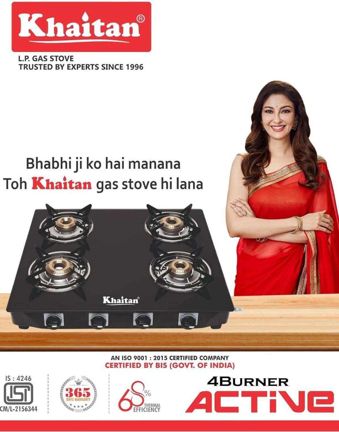 Khaitan 4 Burner Black Glass Manual Gas Stove - Image 3