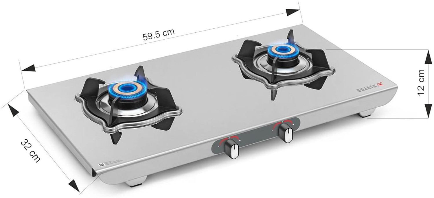 Image of SUJATA Majestic Manual Gas Stove 2 Burner | Gas Chulha for Kitchen | ISI Certified | Stainless Steel Manual Gas Stove