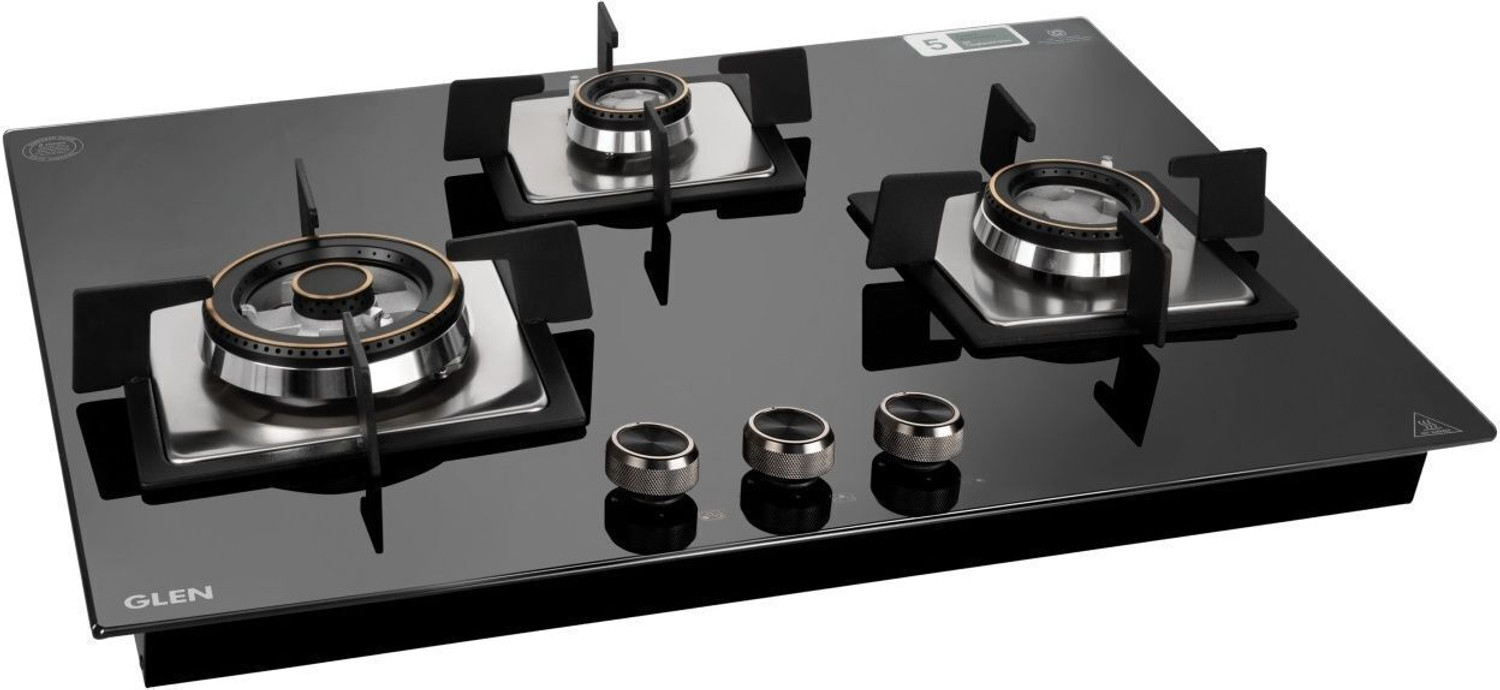 Image of Glen Glass Built in Hob 77 cm | 1 Triple Ring | Double Ring Forged Brass Burner | Glass Automatic Hob