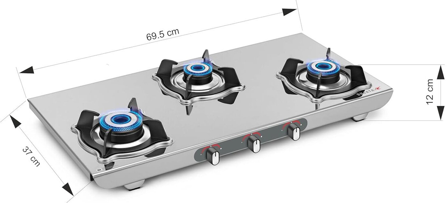 Image of SUJATA Majestic Manual Gas Stove 3 Burner | Gas Chulha for Kitchen | ISI Certified | Stainless Steel Manual Gas Stove