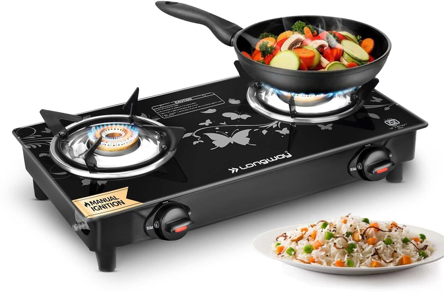 Image of Longway Astra Premium ISI Certified, Glass Top, 2 Burner Ignition Stainless Steel, Glass Manual Gas Stove
