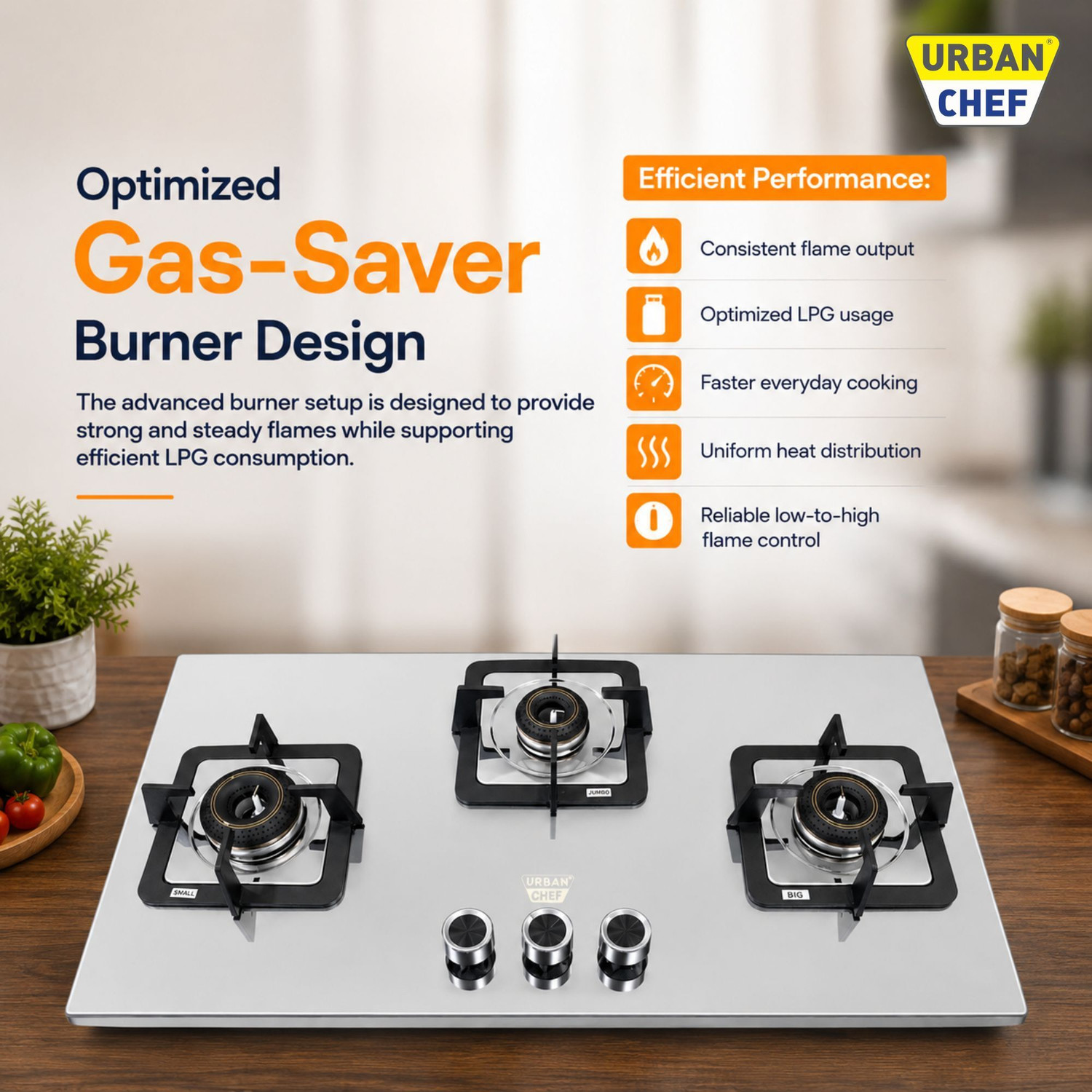 Image of Urban Chef Gas Stove 3 Burner | Gas Chulha for Kitchen | ISI Certified | Imperia Gas Stove| Stainless Steel Manual Hob