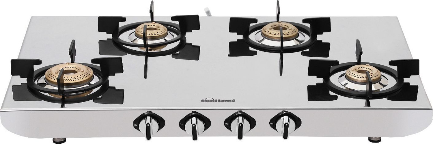 Image of Sunflame 4 Burner Gas Stove with 2 MM Mirror Finish Design, Forged Brass Burners Stainless Steel Manual Gas Stove