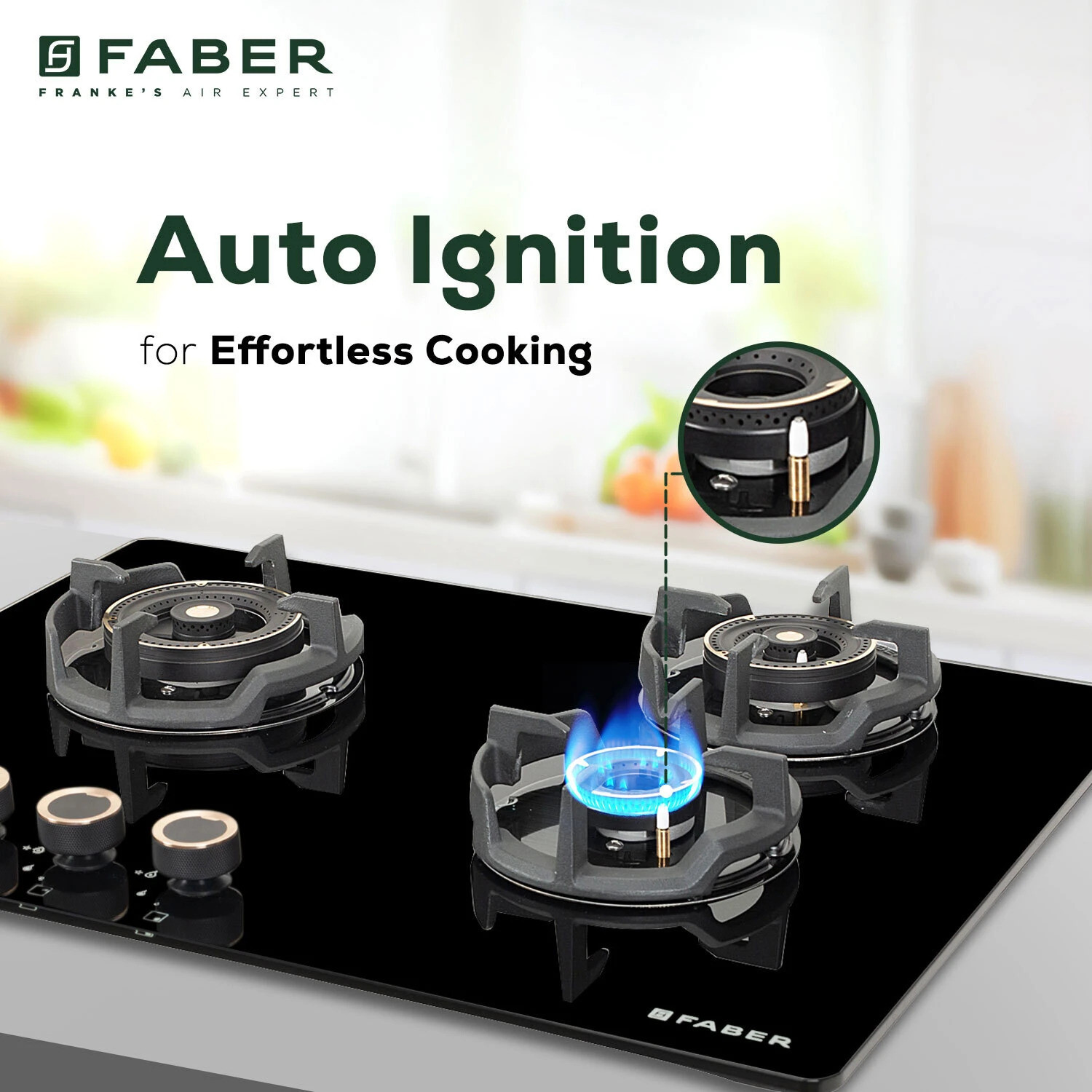 Image of FABER EXPERIA HT703 ALU AI |Brass Burners|Cast Iron Pan Support|Metal Knobs| Glass Automatic Hob