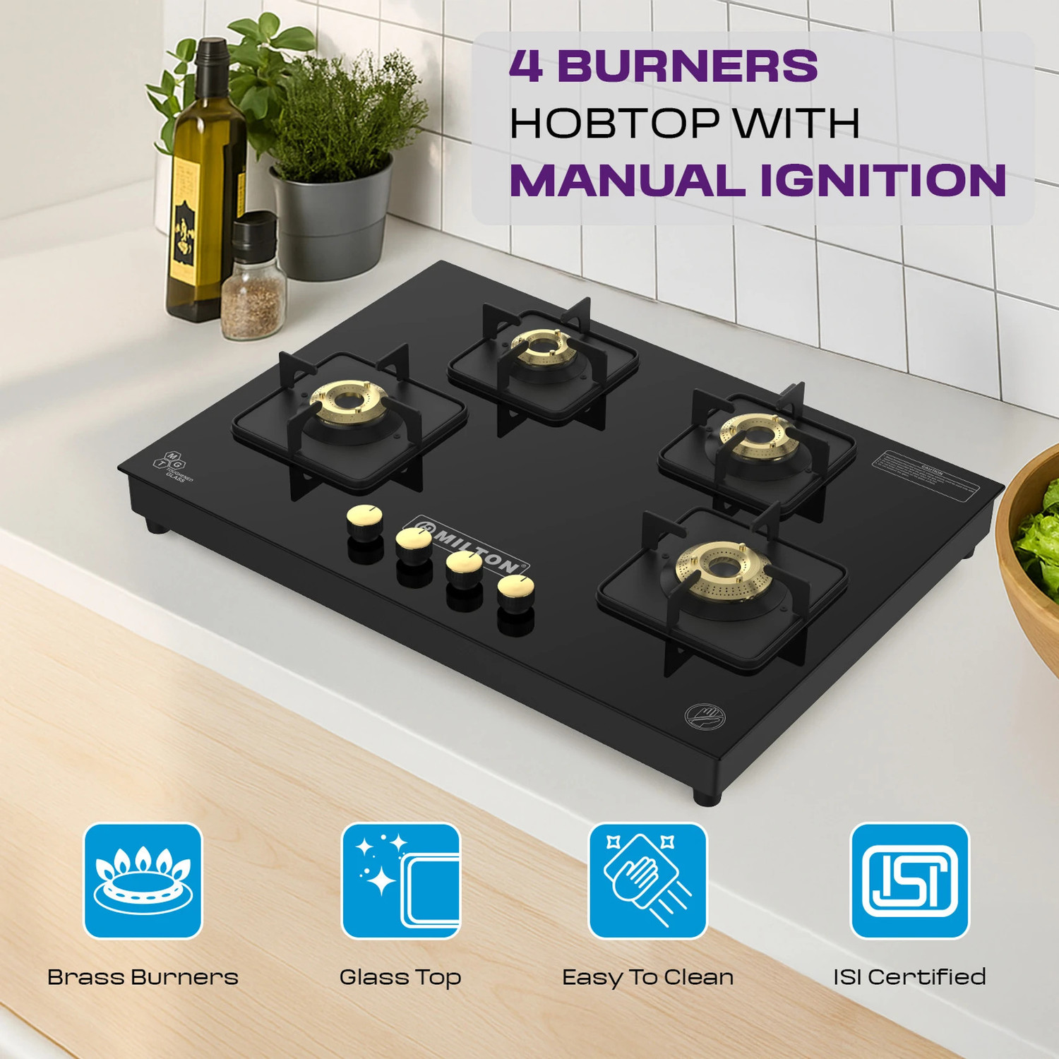 Image of MILTON Champion Gas Stove 4 Burner Chulha | LPG Gas Stove | 360 Nozzle | 8mm Toughened Glass Manual Gas Stove