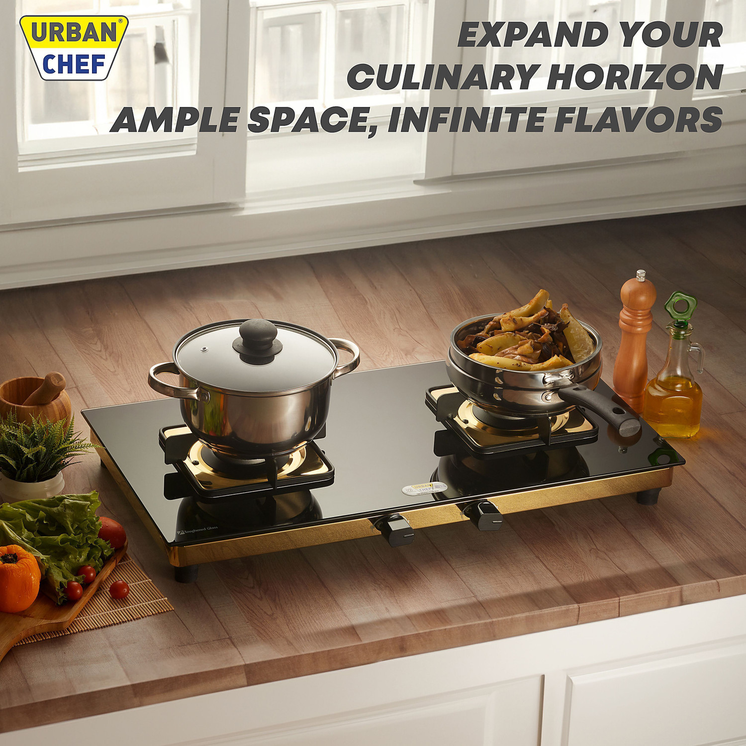 Image of Urban Chef Gas Stove 2 Burner | Gas Chulha | ISI Certified | Brass Burner | Gold | Glass Manual Gas Stove