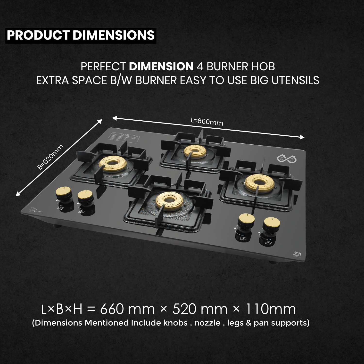Image of Sigri-wala Ebony Diamond 4 Burner Hob Top Glass Manual Hob