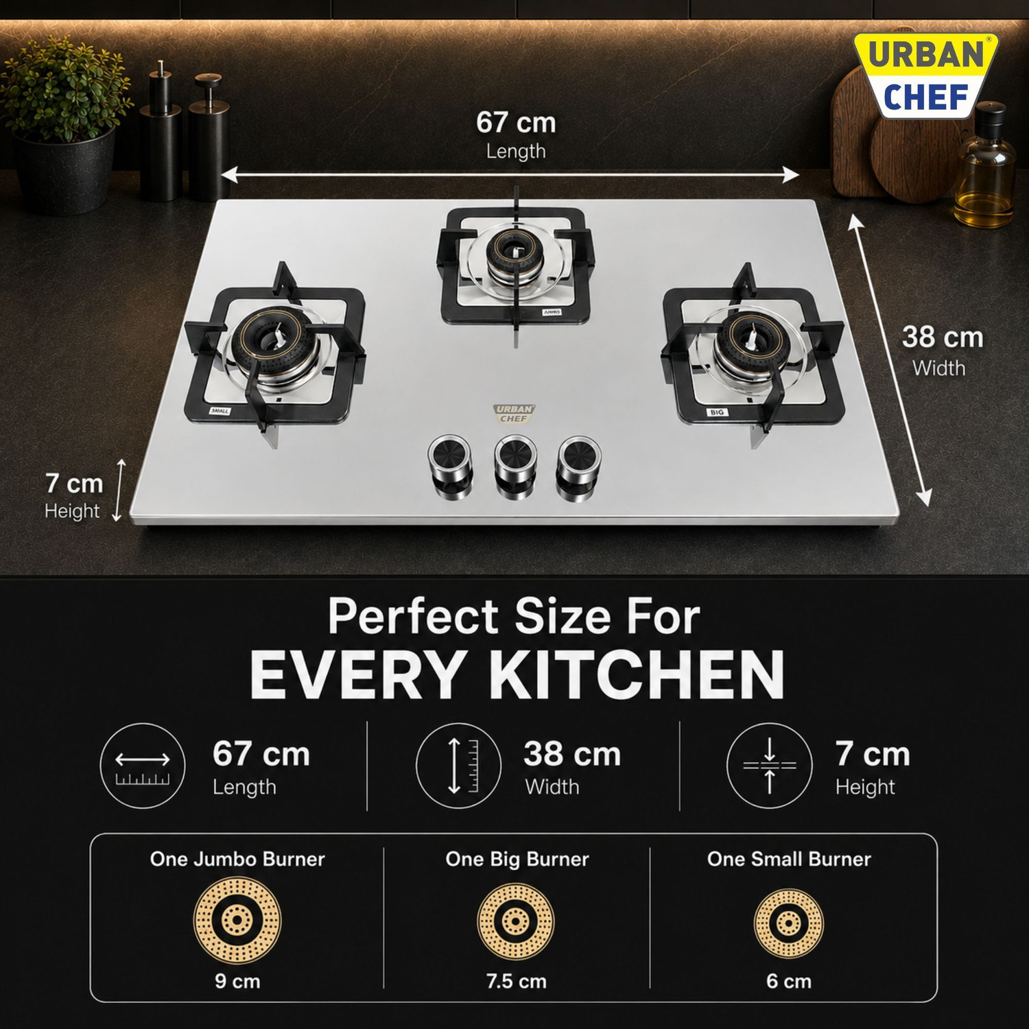 Image of Urban Chef Gas Stove 3 Burner | Gas Chulha for Kitchen | ISI Certified | Imperia Gas Stove| Stainless Steel Manual Hob