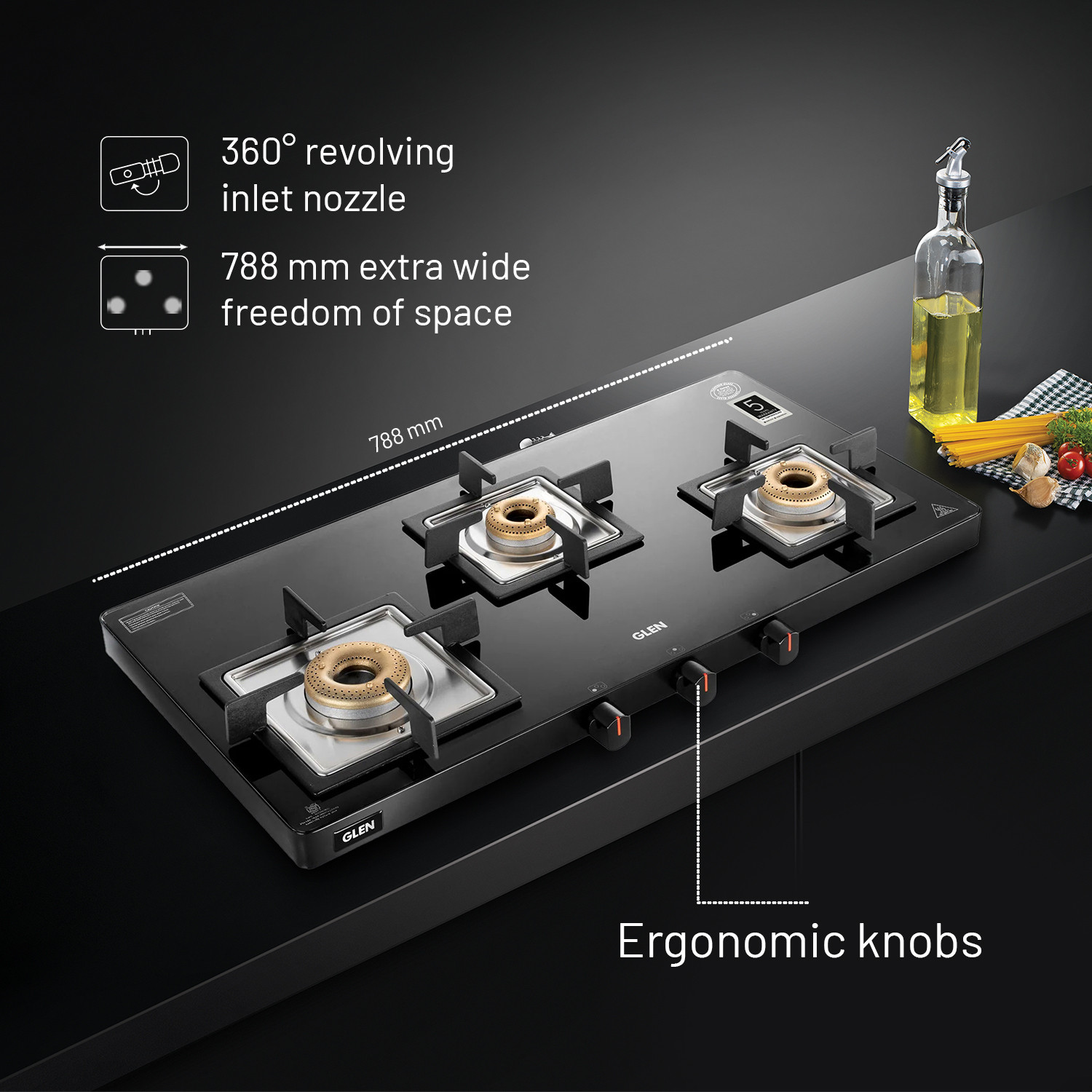 Image of Glen Ultra Slim Glass Gas Stove with 3 High Flame Forged Brass Burner CT1035USBL Glass Manual Gas Stove