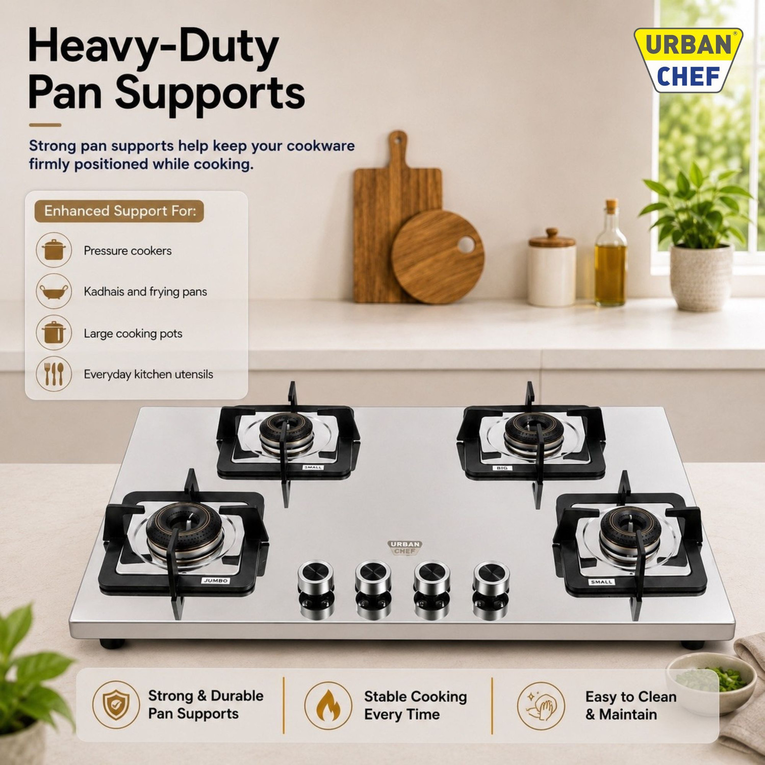 Image of Urban Chef Gas Stove 4 Burner | Gas Chulha for Kitchen | ISI Certified | Imperia Gas Stove| Stainless Steel Manual Hob
