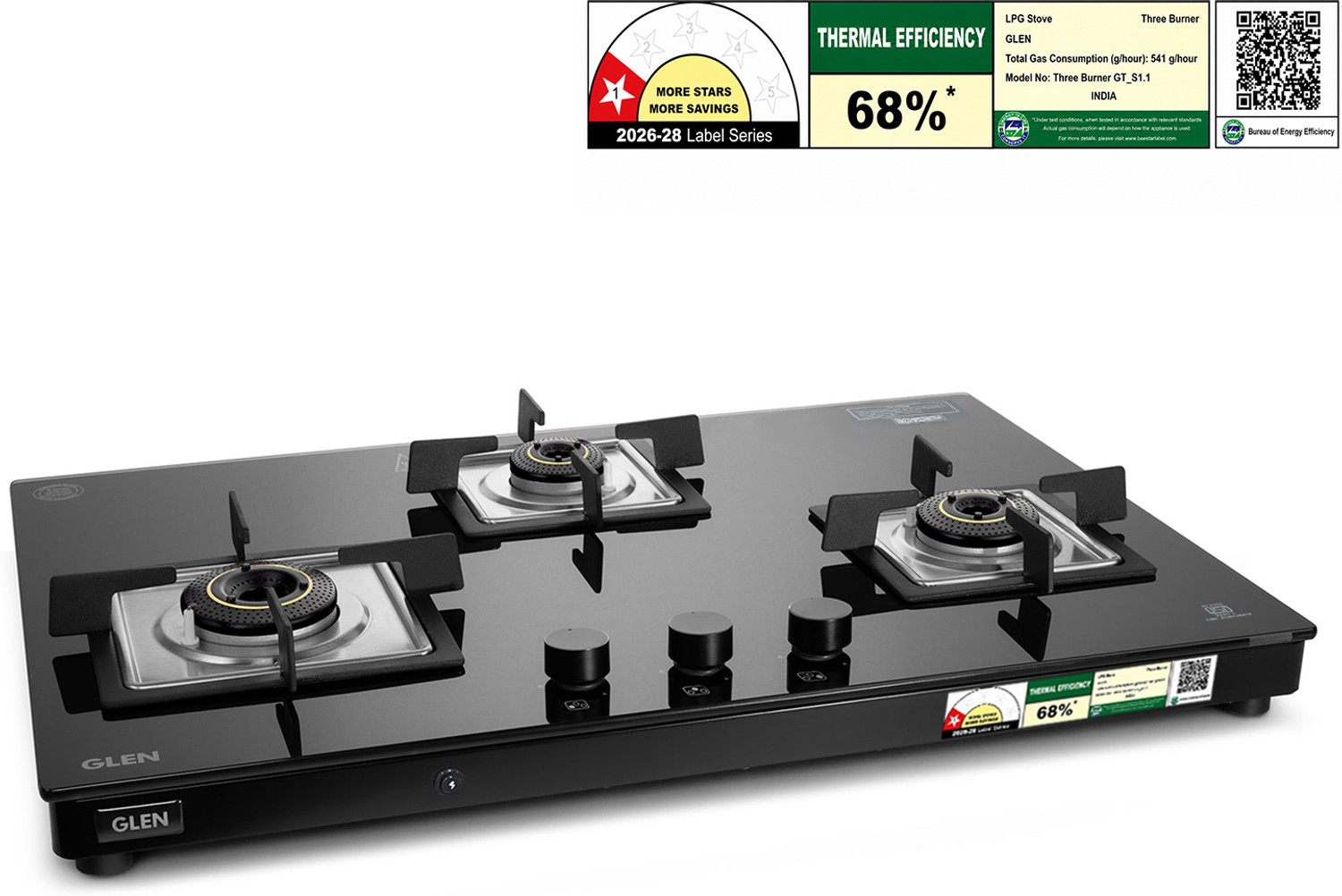 Image of Glen 3 Burner Ultra Slim LPG Gas Stove with High Efficiency Forged Brass Burners Glass Automatic Gas Stove