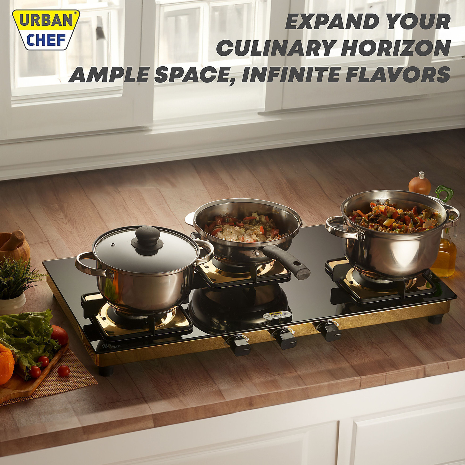 Image of Urban Chef Gas Stove 3 Burner | Gas Chulha for Kitchen | ISI Certified | Gold | Stainless Steel Manual Gas Stove