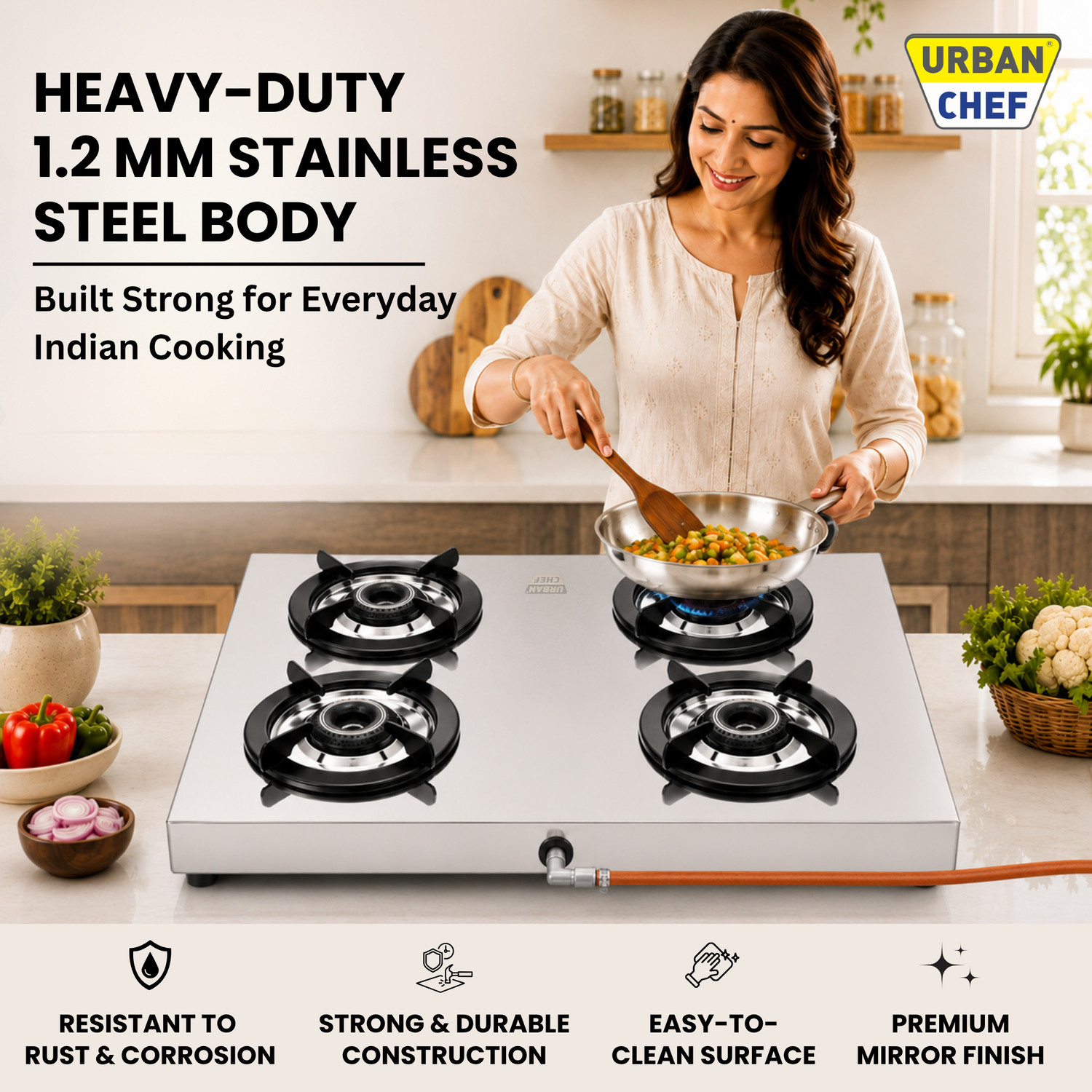 Image of Urban Chef Manual Ignition LPG Gas Stove|Heavy-Duty 1.2mm SS Body | ISI Certified Stainless Steel Manual Gas Stove