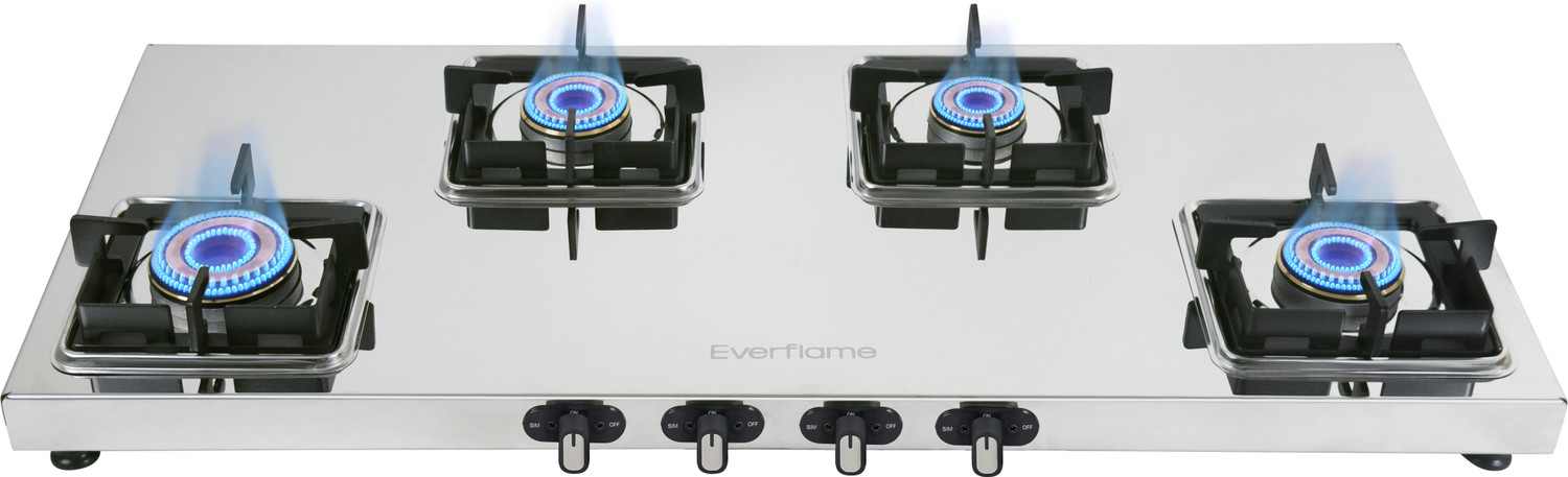 Image of Everflame Prime 4 Burner Long Gas Stove ISI Certified Cooktop Forged Brass Burner Stainless Steel Manual Gas Stove