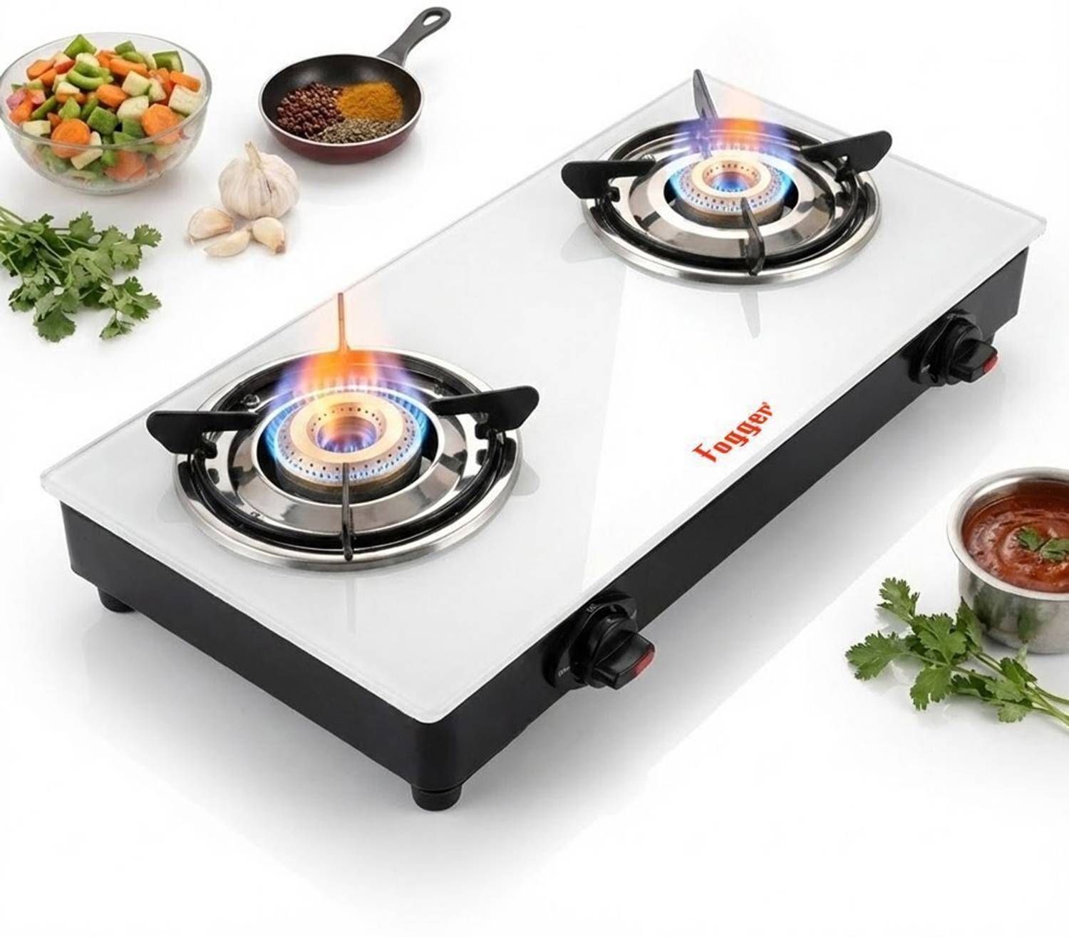 Fogger White Glasstop new Glass Manual Gas Stove (2 Burners)