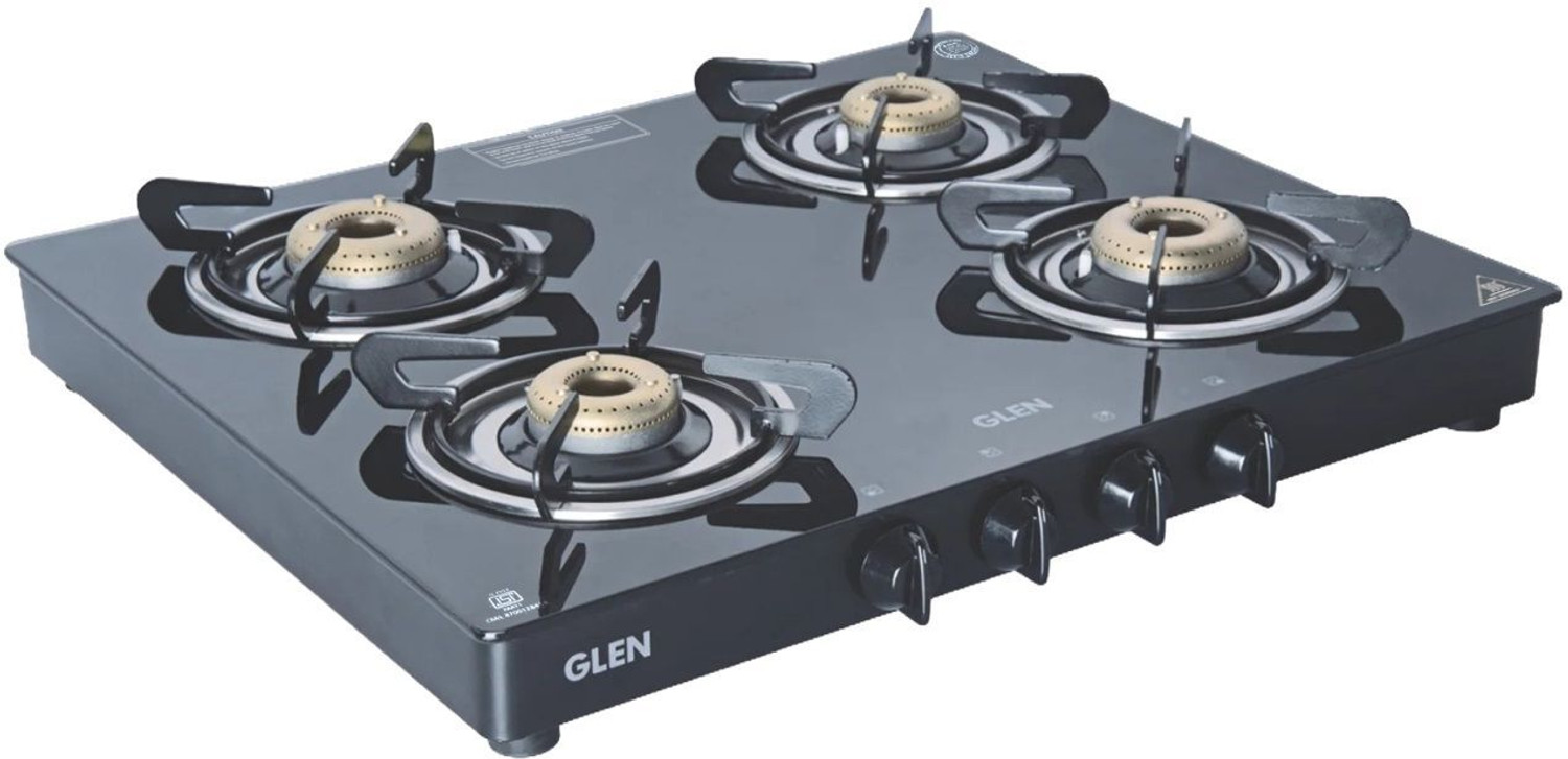 Image of Glen LPG Gas Stove 4 Burner I Forged Brass Burner Black Glass Manual Gas Stove