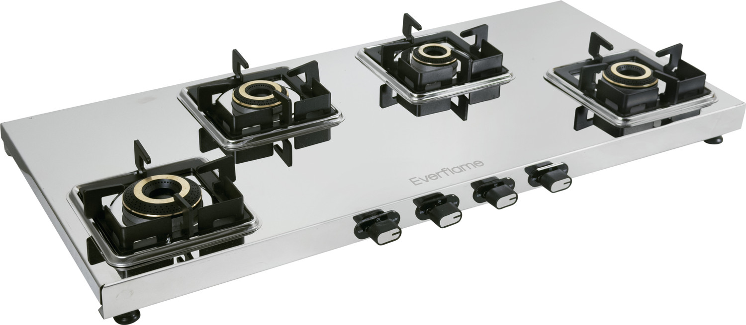 Image of Everflame Prime 4 Burner Long Gas Stove ISI Certified Cooktop Forged Brass Burner Stainless Steel Manual Gas Stove