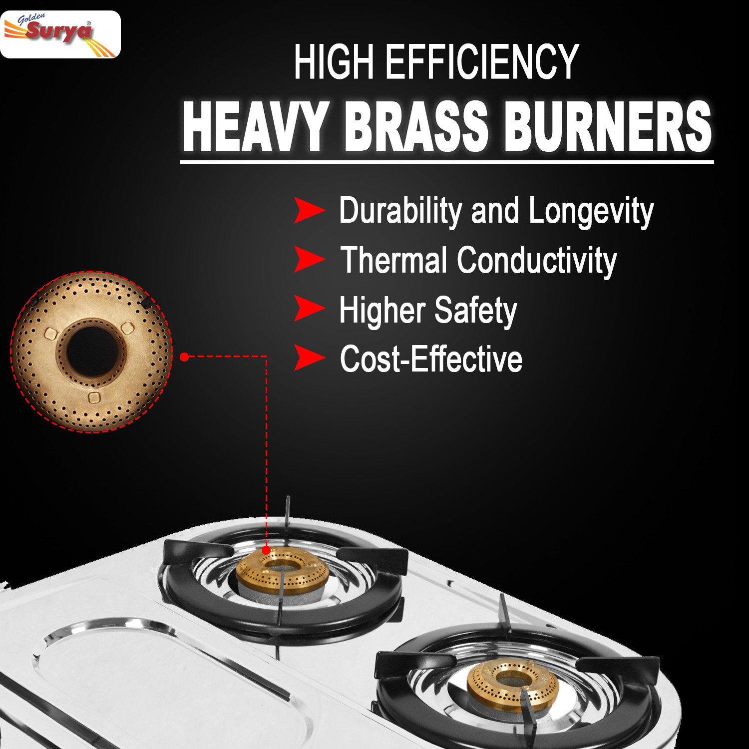 Image of Golden Surya Premium Stainless Steel 4 Brass Burner Gas Stove, With Lighter Free Stainless Steel Manual Gas Stove (4 Burners)