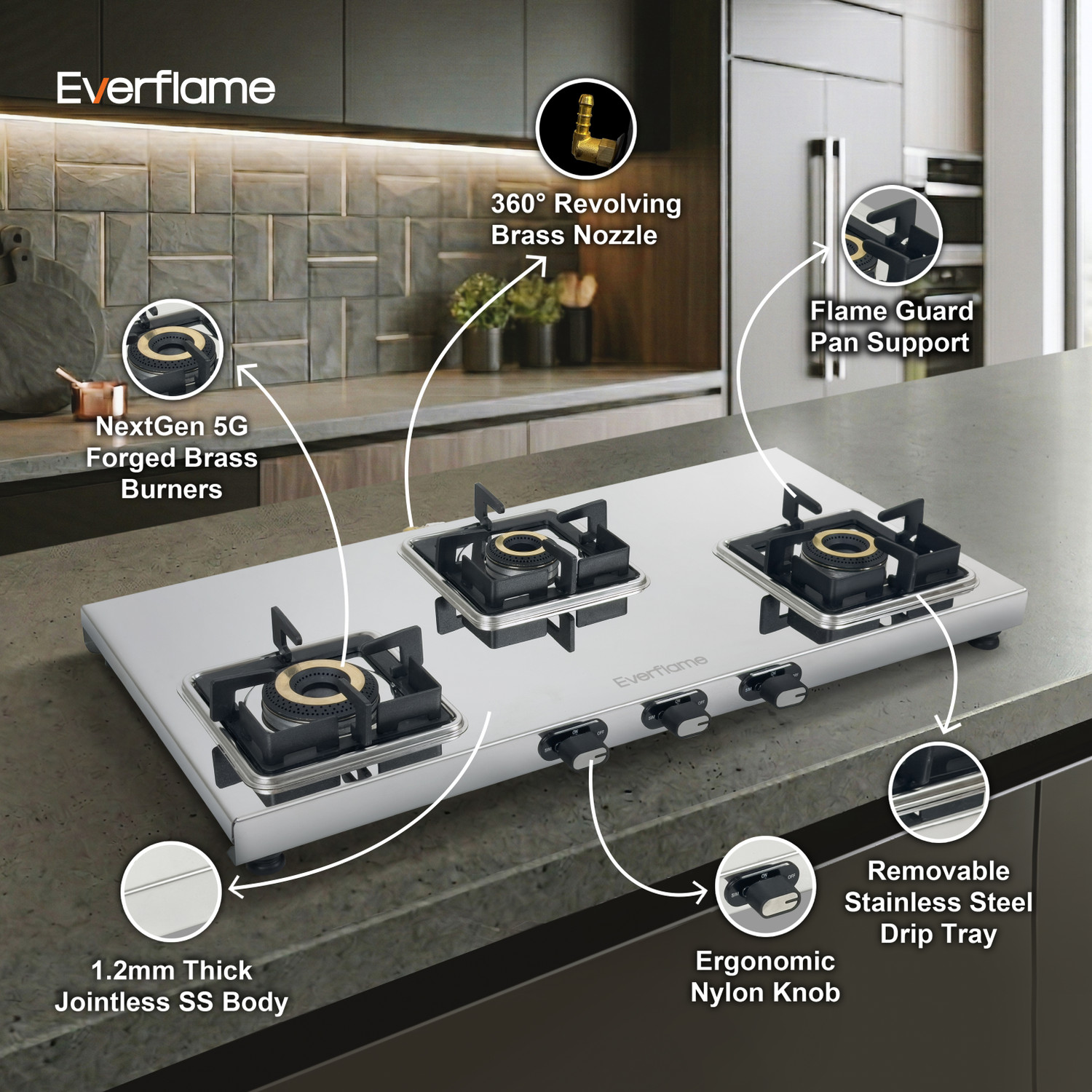 Image of Everflame Prime 3 Burner Gas Stove | ISI Certified | 1.2mm Thick Body | 2 Years Warranty Stainless Steel Manual Gas Stove