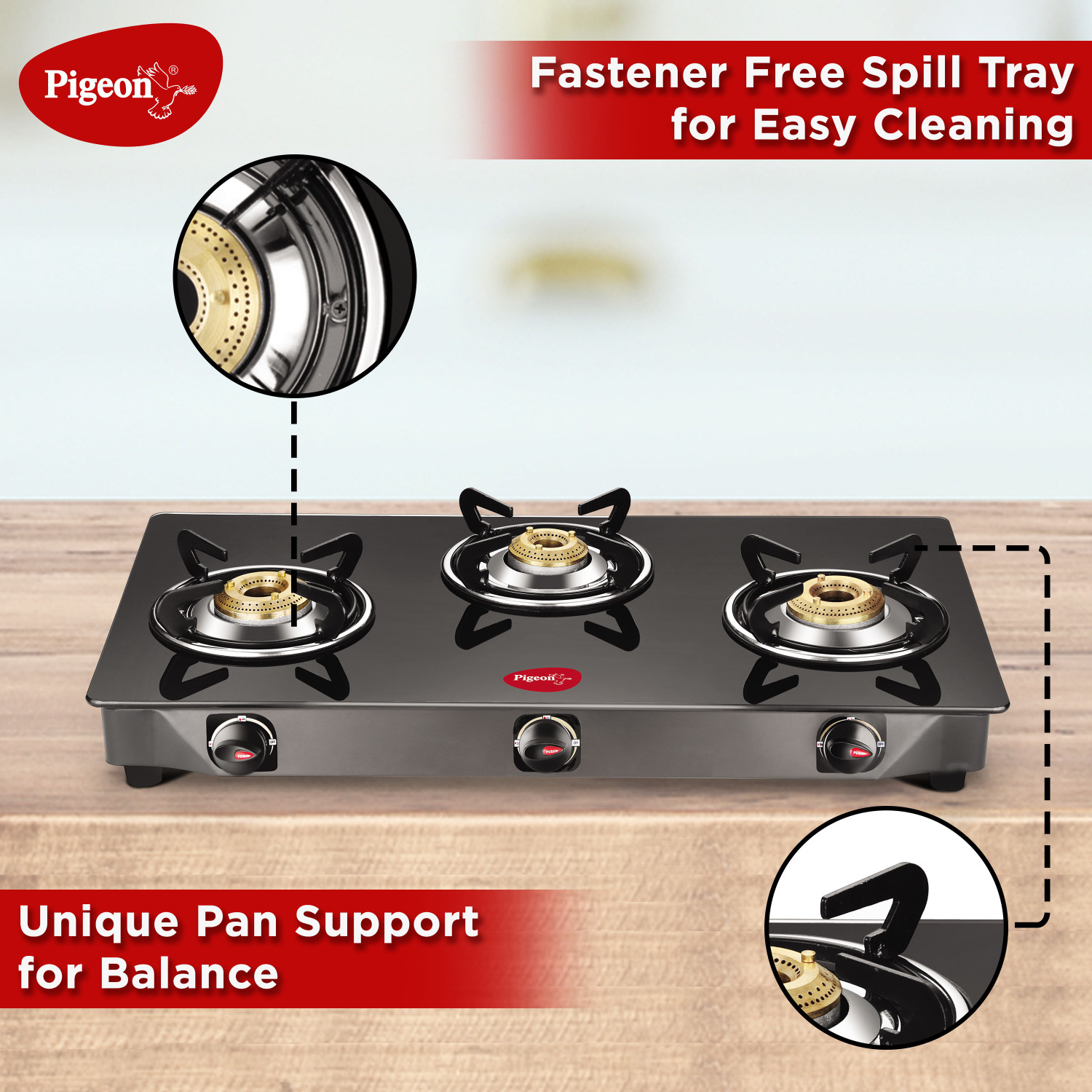 Image of Pigeon 3 Burner Glass Cooktop Automatic with hose pipe Stainless Steel, Glass Automatic Gas Stove