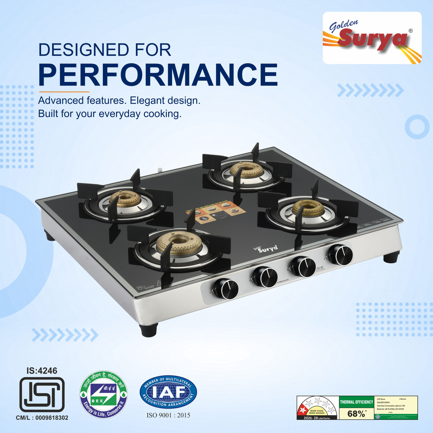 Image of Golden Surya Premium Toughened Glass Top, Manual Ignition (ISI Certified)LPG Use inch Stainless Steel Manual Gas Stove