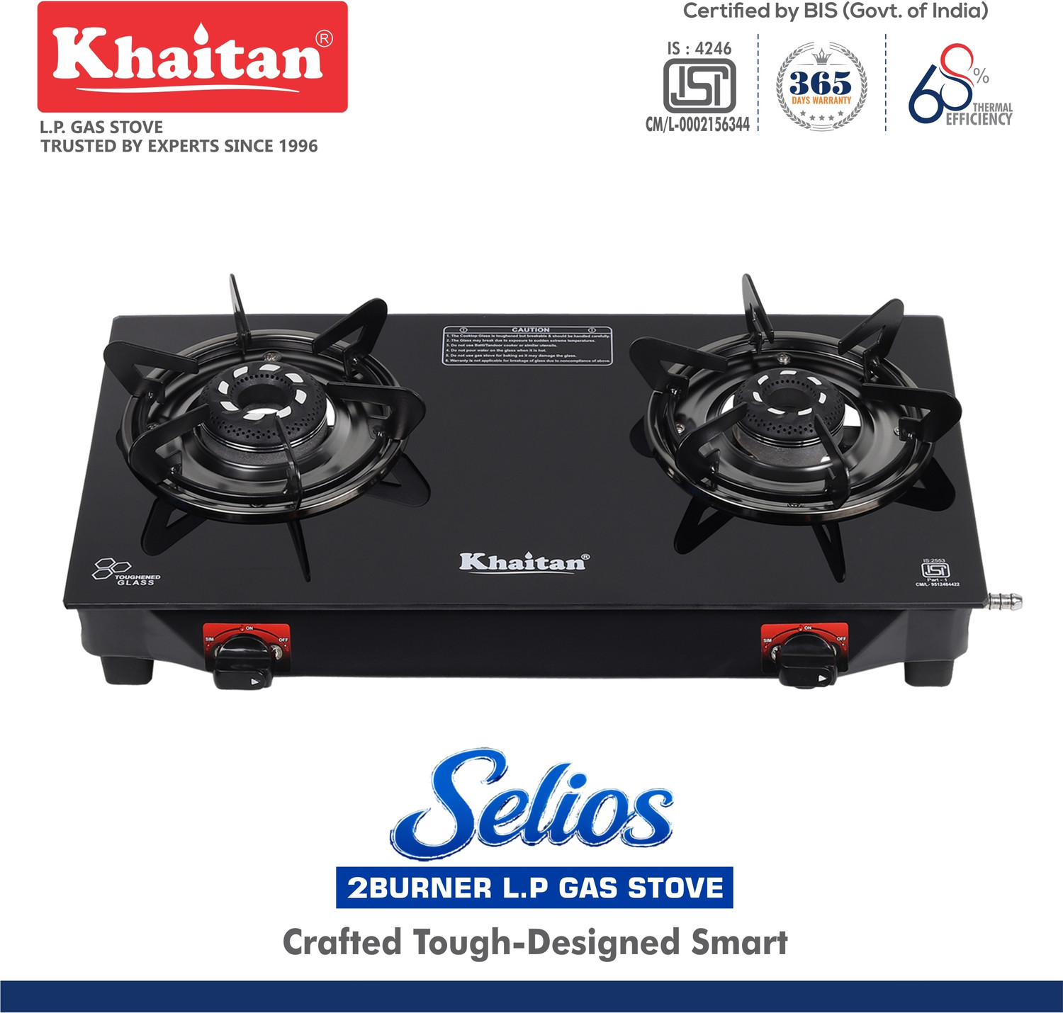 Image of Khaitan 2 Burner Selios Black Toughened Glass Manual Gas Stove