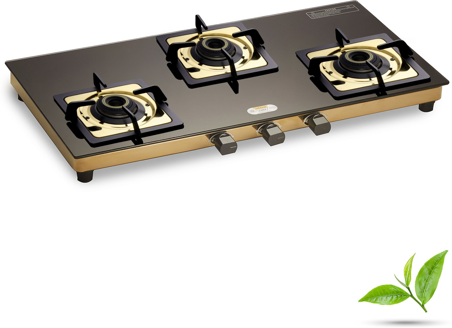 Image of Urban Chef Gas Stove 3 Burner | Gas Chulha for Kitchen | ISI Certified | Gold | Stainless Steel Manual Gas Stove