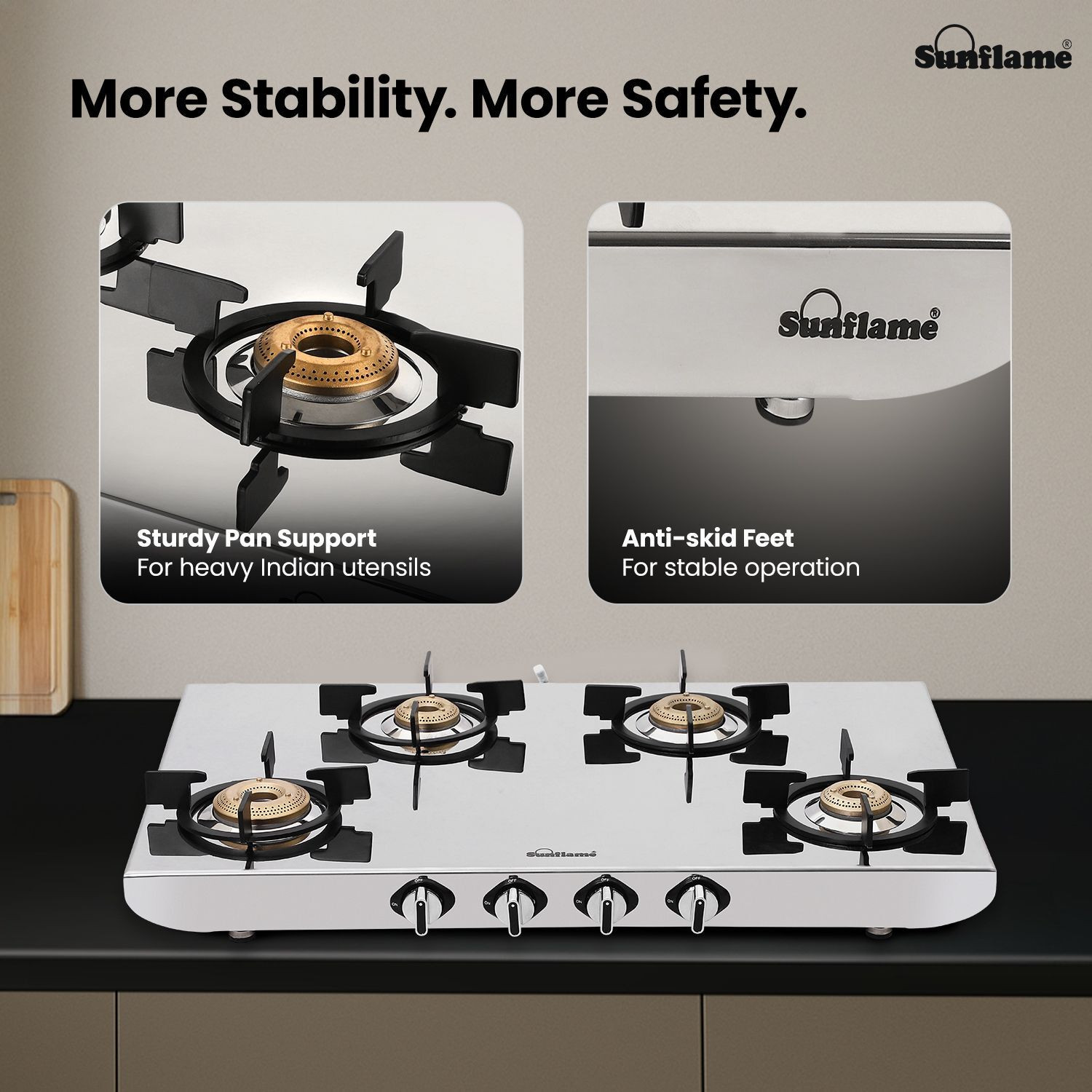 Image of Sunflame 4 Burner Gas Stove with 2 MM Mirror Finish Design, Forged Brass Burners Stainless Steel Manual Gas Stove