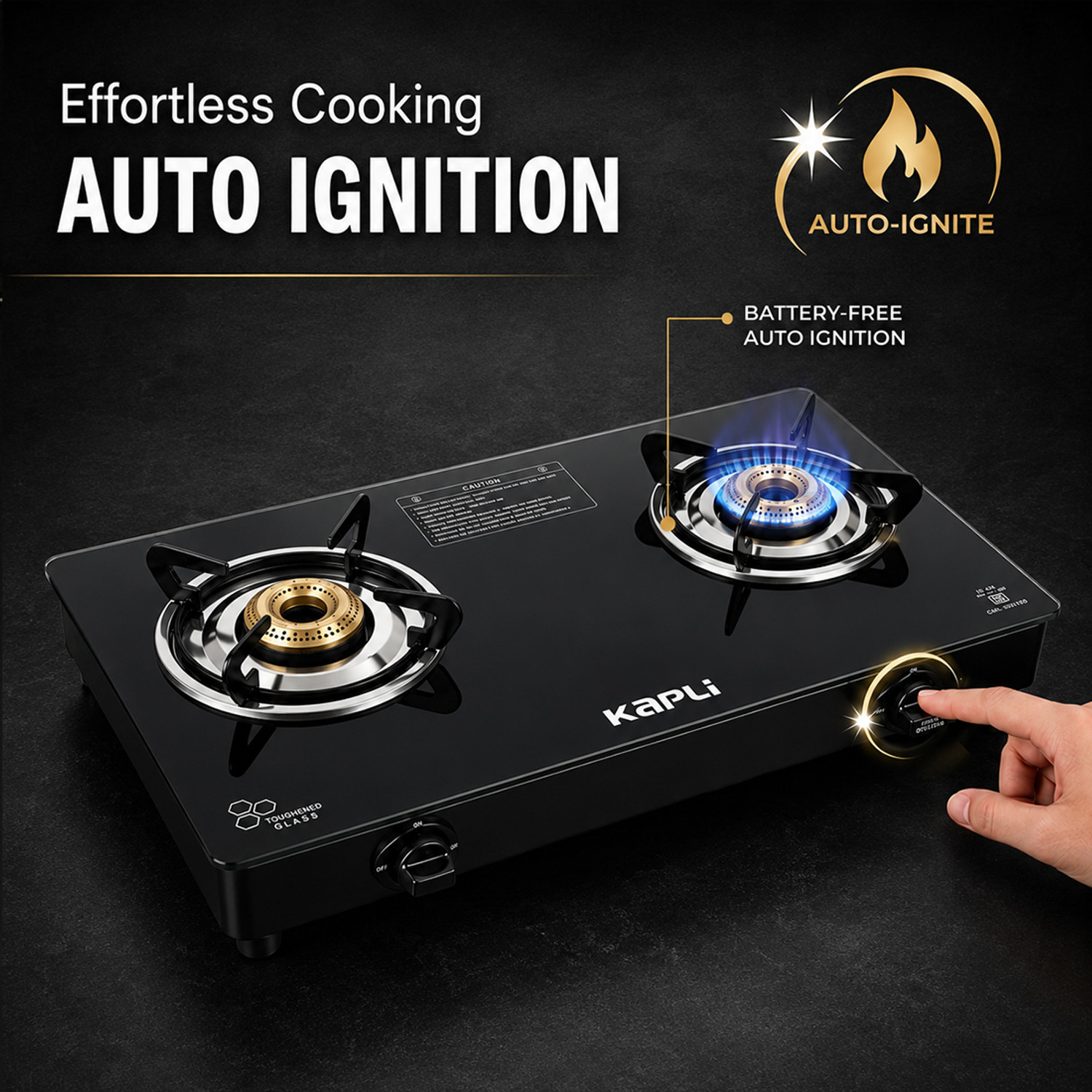 Image of KAPLI Automatic Ignition High Efficiency Burner Gas Stove For LPG Use Glass Automatic Gas Stove