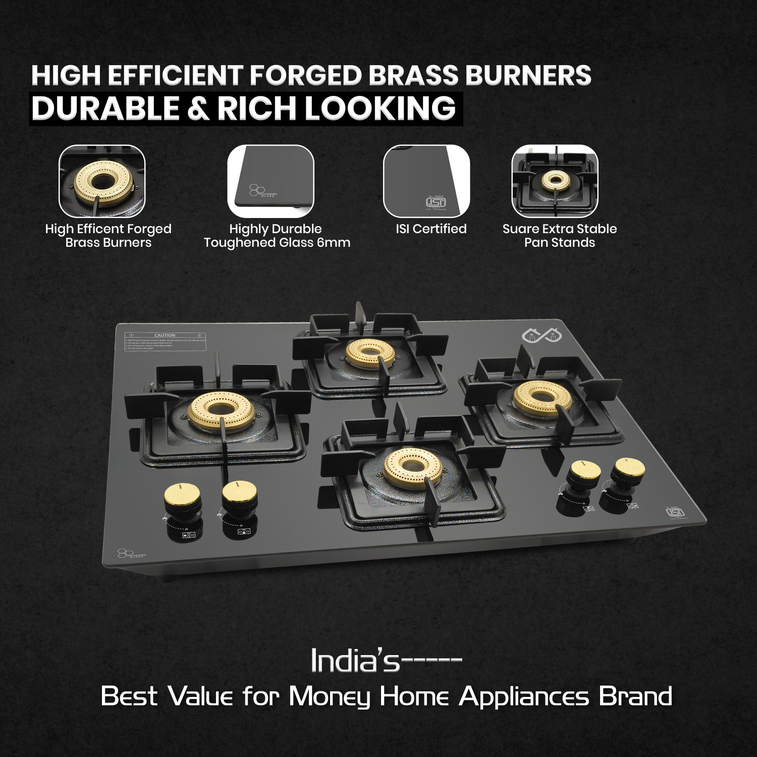 Image of Sigri-wala Ebony Diamond 4 Burner Hob Top Glass Manual Hob
