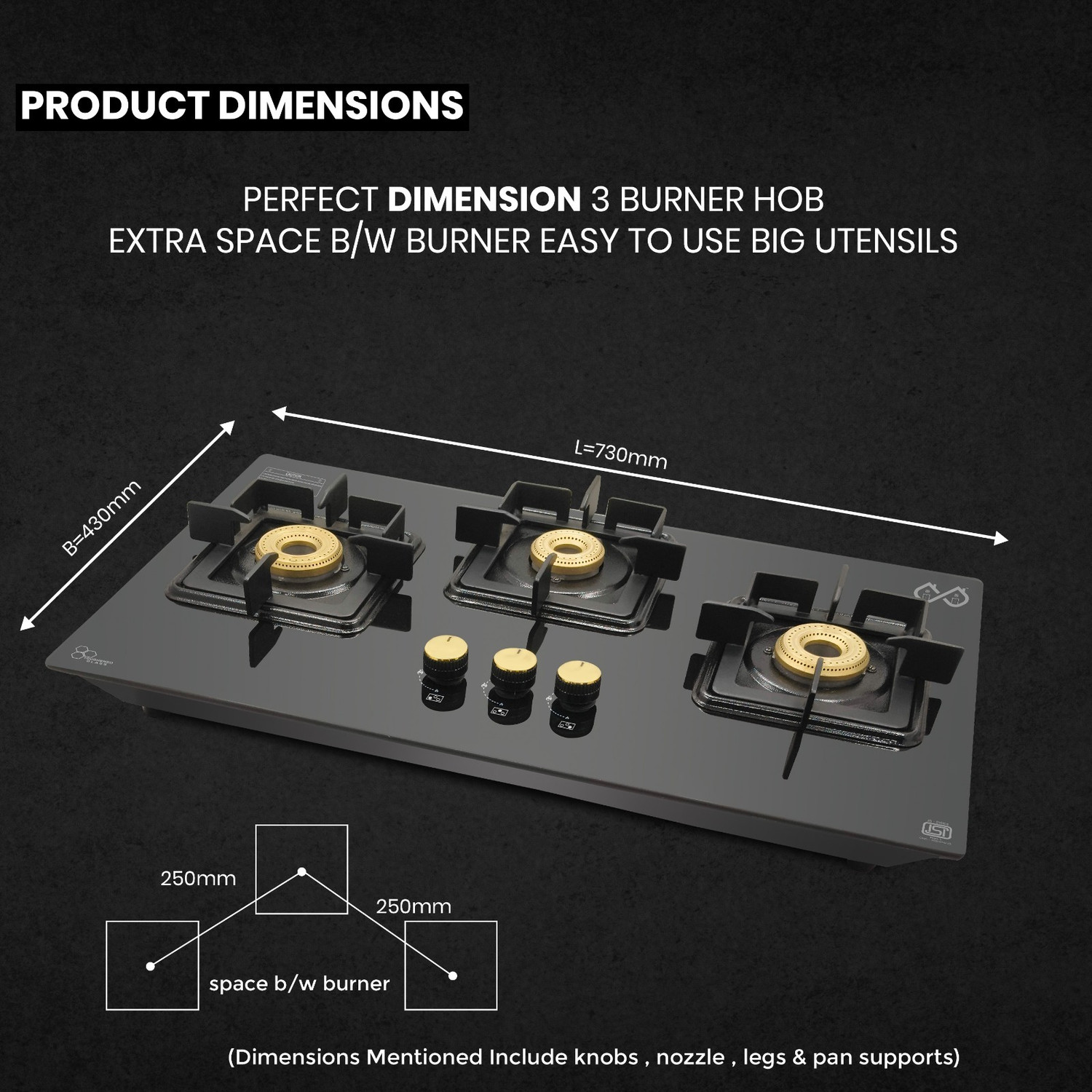 Image of Sigri-wala Ebony Diamond 3 Burner Hob Top Glass Manual Hob
