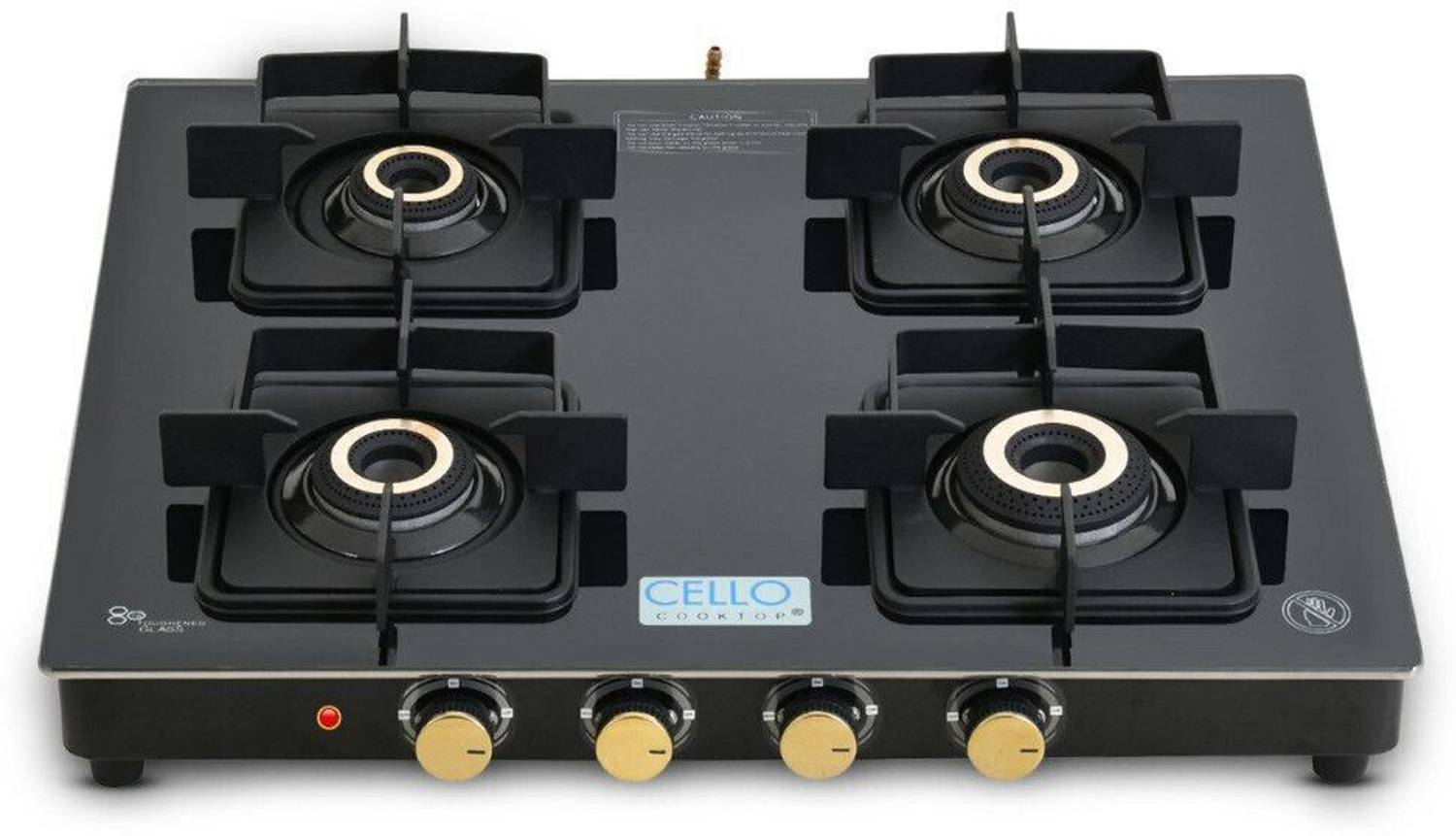 CELLO Black Pearl 4 Burner Toughened Glass Top Gas Stove, Brass Burners, Black Finish Glass Automatic Gas Stove