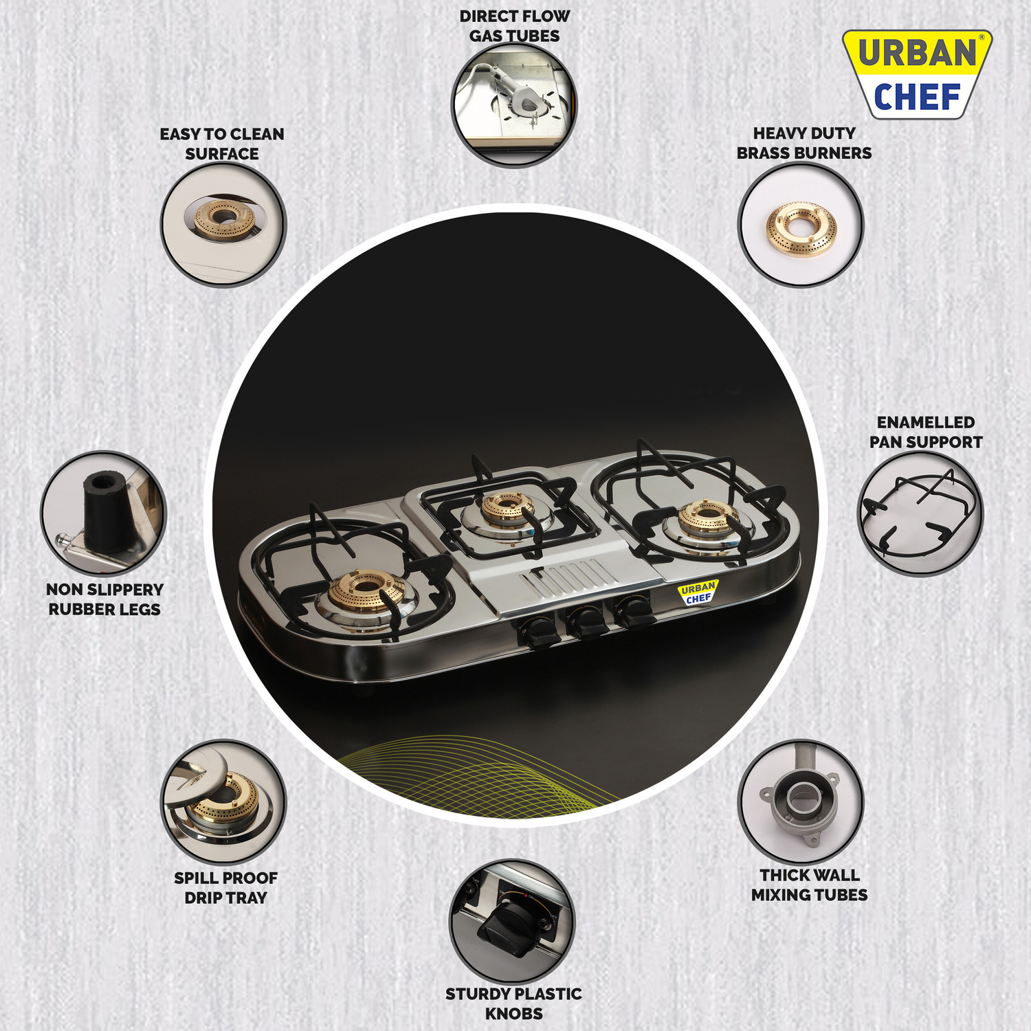 Image of Urban Chef ISI certified Double Decker Blitz Stainless Steel Manual Gas Stove (3 Burners)