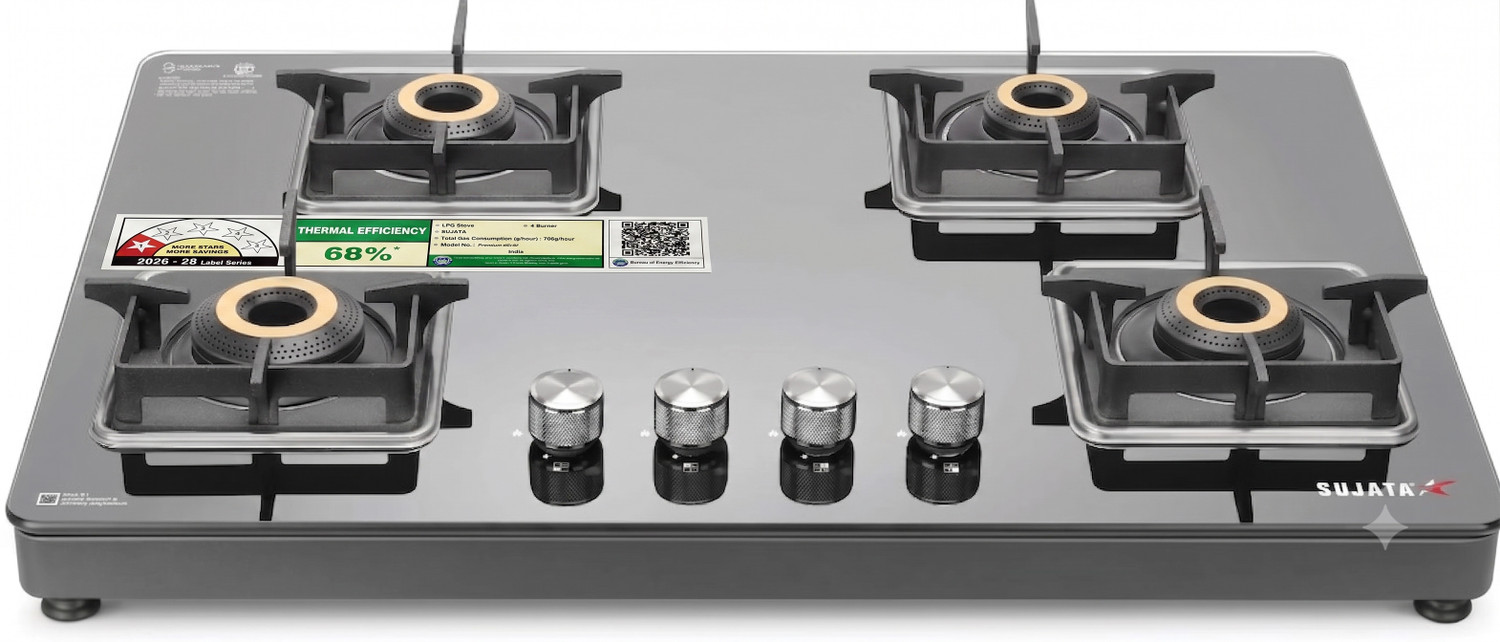 Image of SUJATA SUJATA Gas Stove 4 Burner Auto Ignition |Gas Chulha| ISI Certified | Premium 4B| Glass Automatic Gas Stove