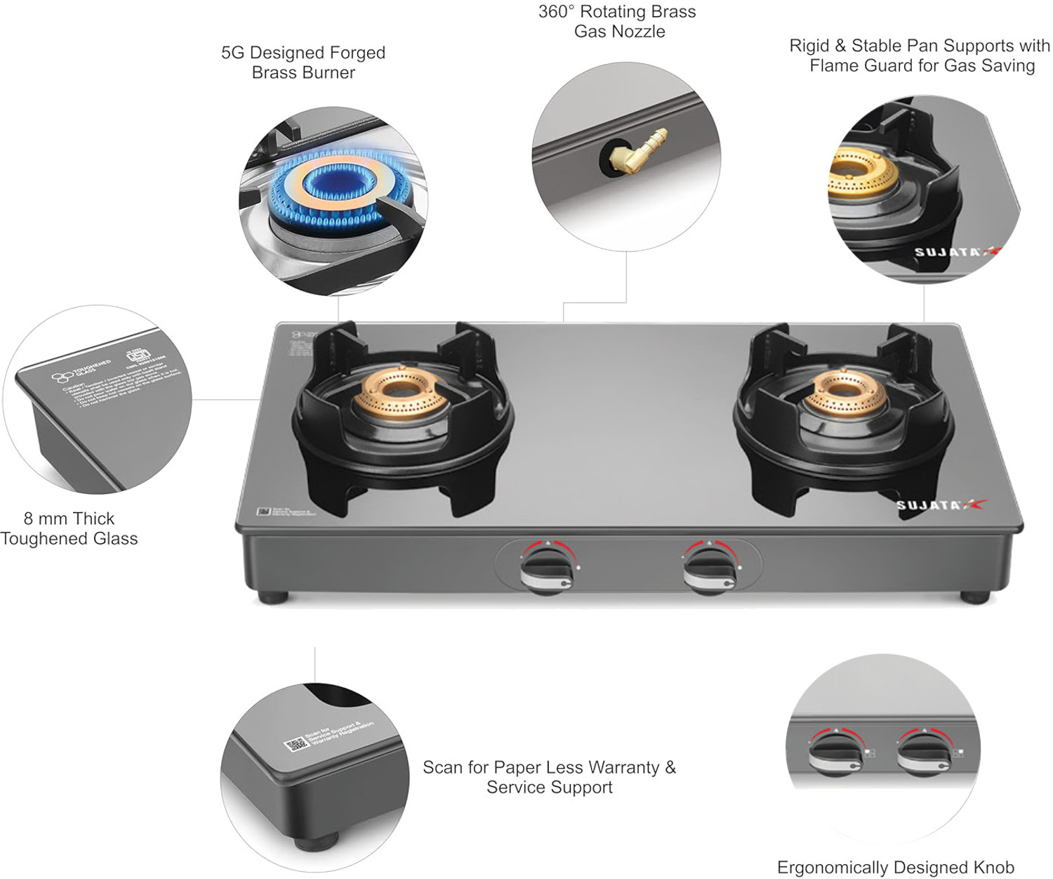 Image of SUJATA 9 Years Warranty| 5G Designed Forged Brass Burner, LPG & PNG Compatible Deluxe Glass Manual Gas Stove