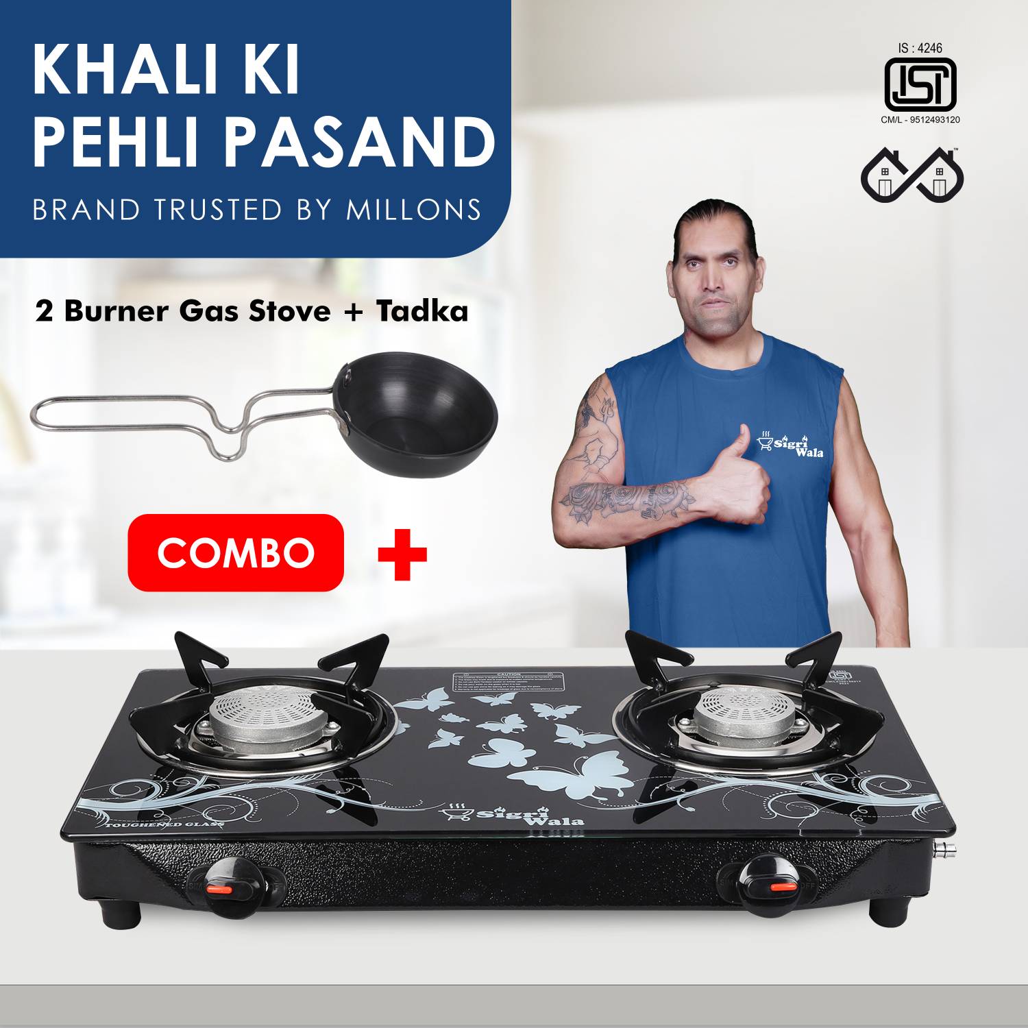 Sigri-wala Primecook Manual Cute Blkd Design Combo Tadka pan Glass Manual Gas Stove