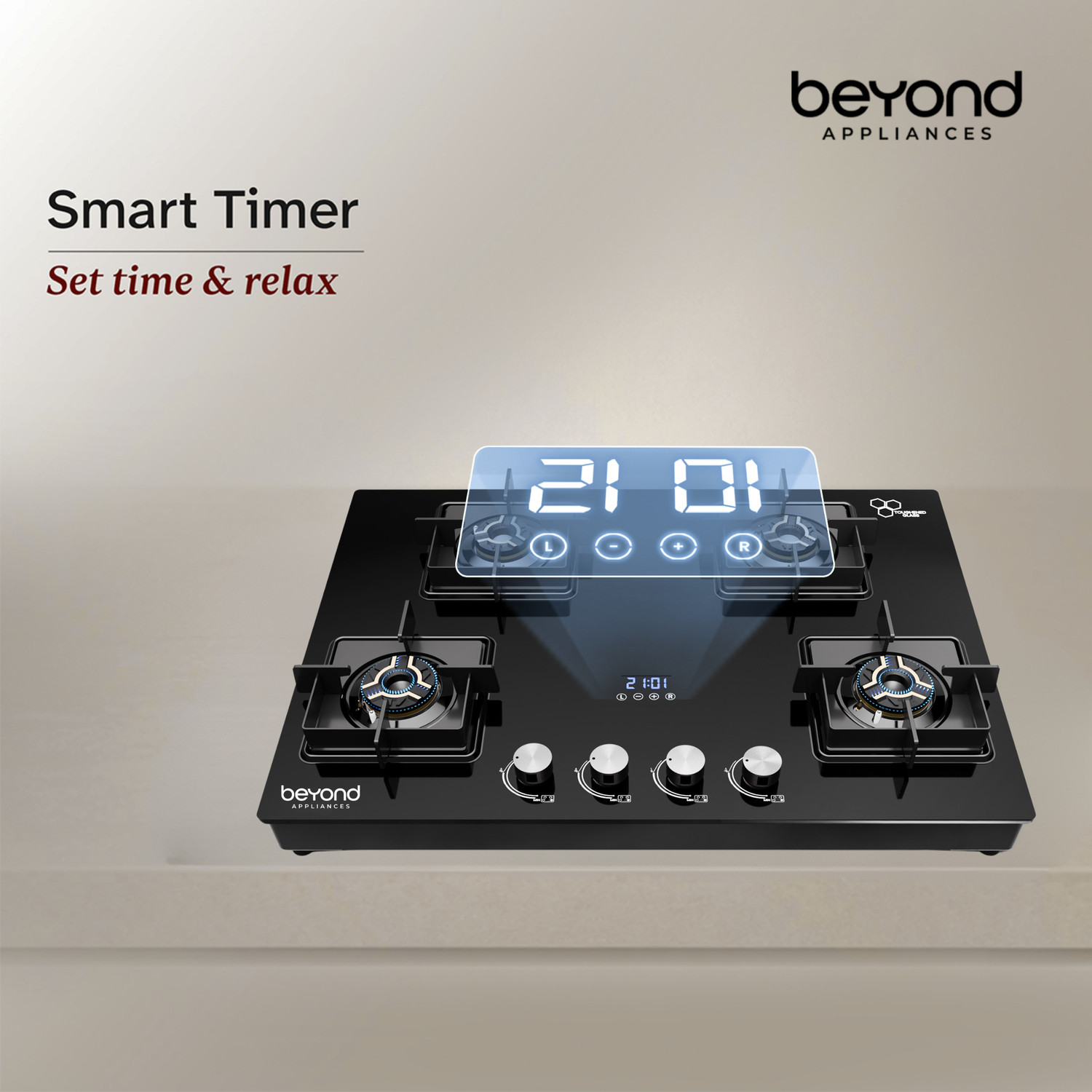 Image of Beyond Appliances Solaria 4 Brass Burners Smart Cooktop, Digital Timer, FFD & Auto Ignition Glass Automatic Hob
