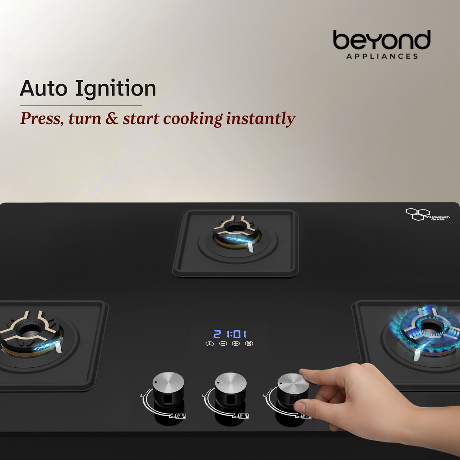 Image of Beyond Appliances Solaria 3 Brass Burners Smart Cooktop, Digital Timer, FFD & Auto Ignition Glass Automatic Hob