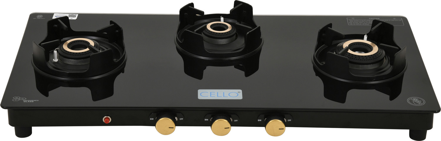 Image of CELLO Granito 3 Burner Black Gas Cooktop, Dual Shade Toughened Glass, ISI Certified Glass Automatic Gas Stove