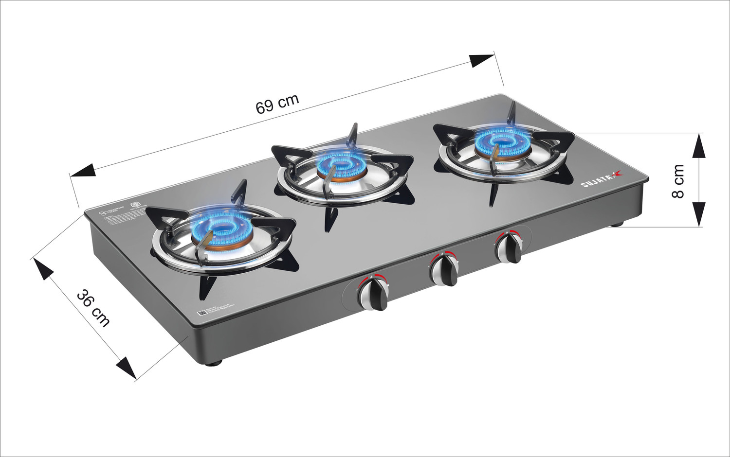 Image of SUJATA Gas Stove 3 Burner |Gas Chulha for Kitchen | ISI Certified |LPG & PNG Compatible Glass Manual Gas Stove