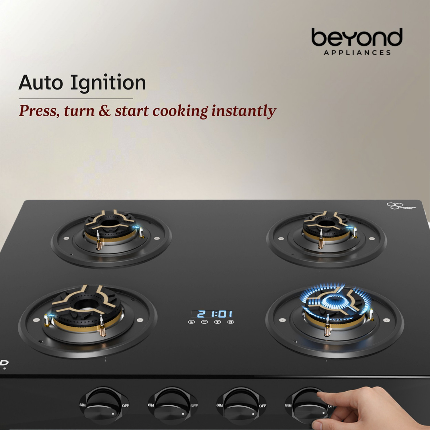 Image of Beyond Appliances Auriga 4B Pro Brass Smart Cooktop, Digital Timer, FFD & Auto Ignition Burners Glass Automatic Hob