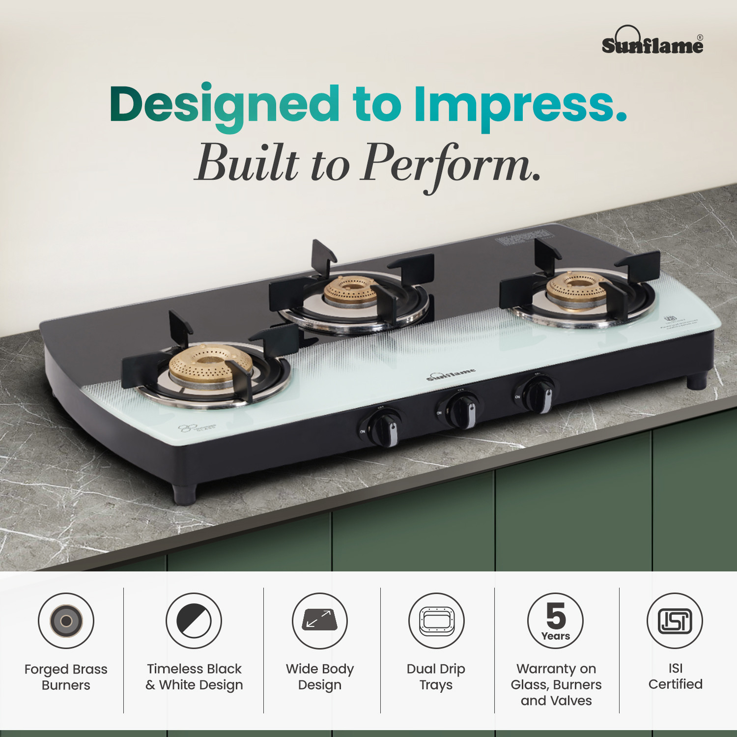 Image of Sunflame Gas Stove 3 Burner | 75 cm Wide Body Design | Dual Drip Trays | Glass Manual Gas Stove (3 Burners)