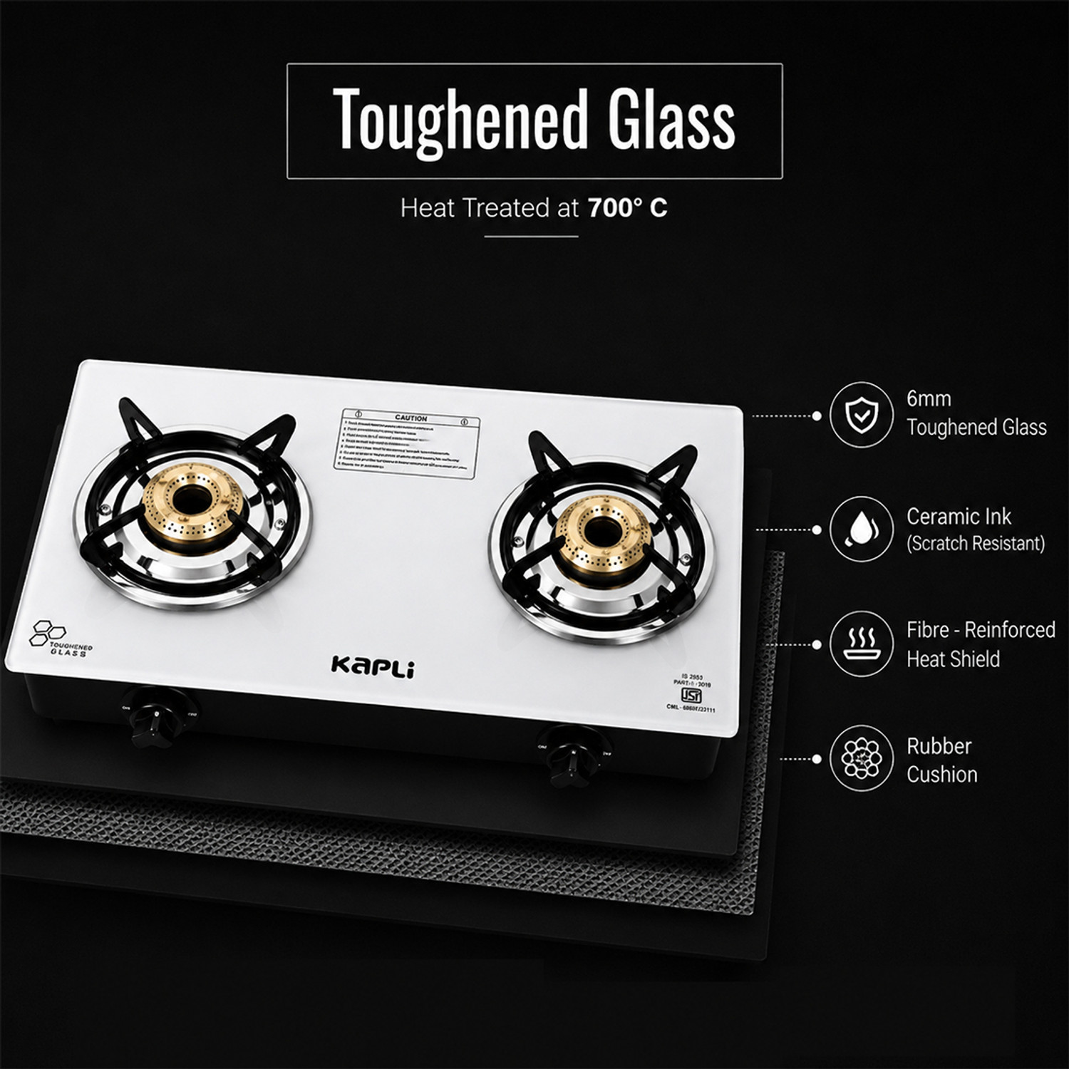 Image of KAPLI Toughened Glass Gas Stove Cooktop Manual| High Efficiency Cast Iron For LPG Glass Manual Gas Stove