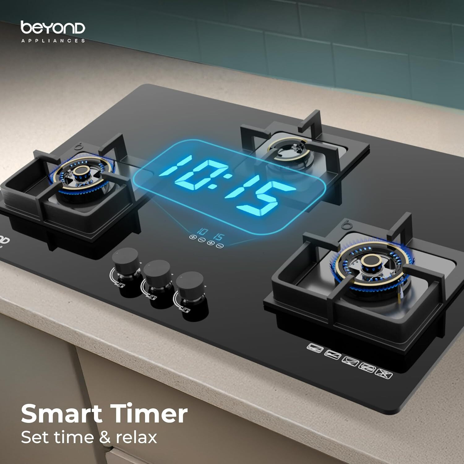 Image of Beyond Appliances Dorado 3 Full Brass Smart Hobtop, Digital Timer, FFD & Auto Ignition Burners Glass Automatic Hob