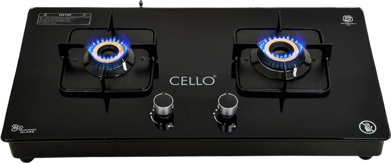 Image of CELLO Crysta Automatic Ignition Hob Top 8 MM Black Glass Automatic Gas Stove