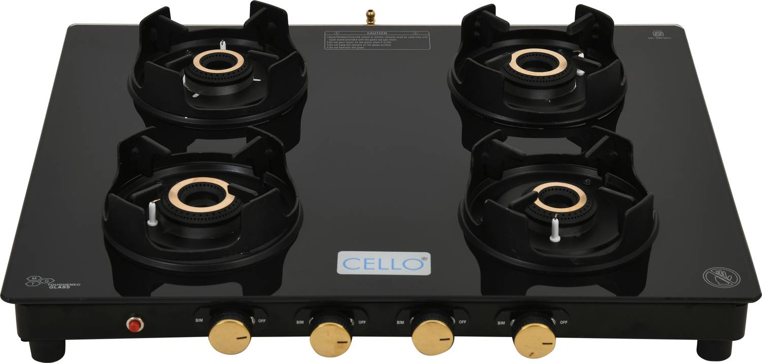 CELLO Granito 4 Burner Black Gas Cooktop, ISI Certified Glass Automatic Gas Stove
