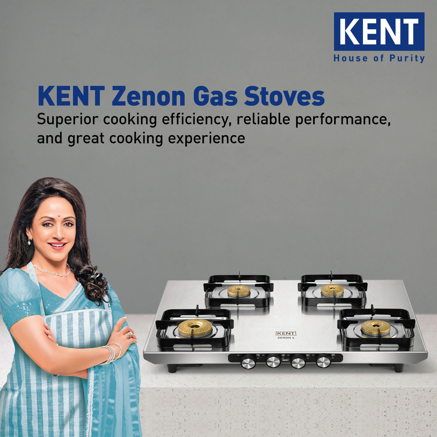 Image of KENT Zenon Gas Stove 4 Burner | Toughened SS Top 2mm | SABAF Italian Gas Valve Stainless Steel Manual Gas Stove
